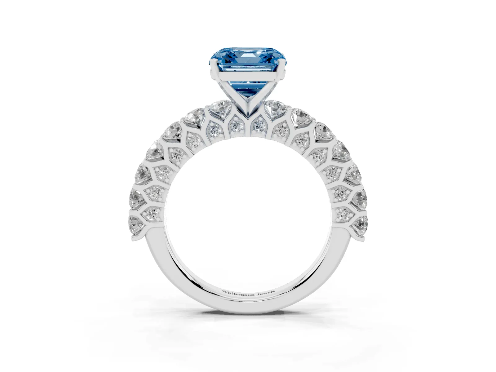 Fancy Blue Asscher Cut Diamond Solitaire Ring with Shared Prong Pavé Band and Four-Prong Setting White gold