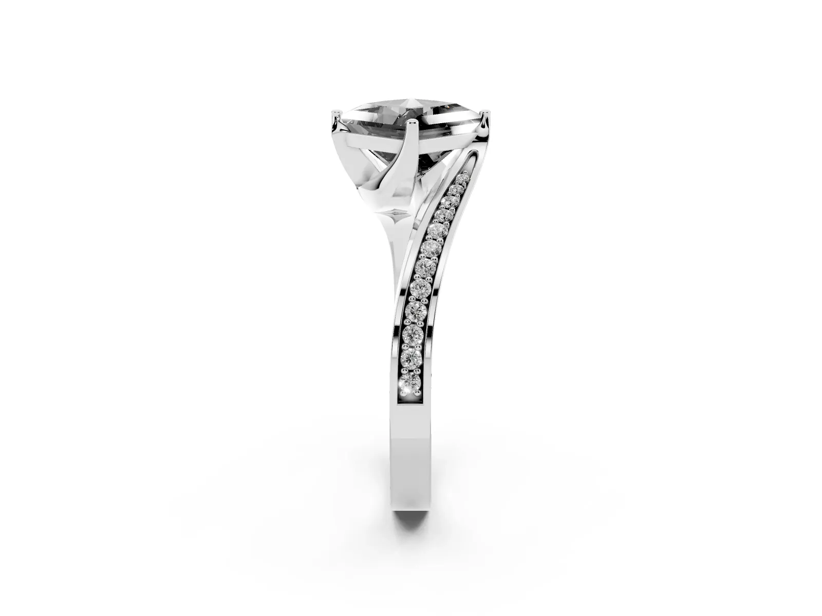 Fancy Black Princess Cut Solitaire Diamond Twist Band with Pavé Setting and Four-Prong Setting Platinum