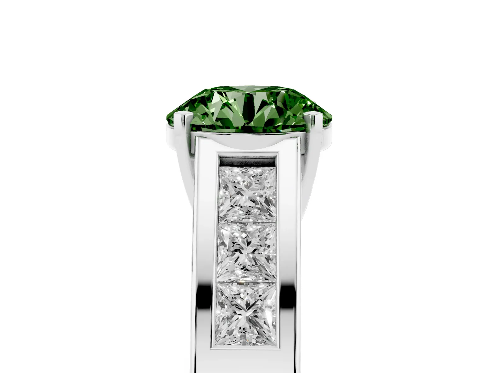 Fancy Green Round Cut Cut Channel Set Solitaire Ring with Four-Prong Setting Platinum