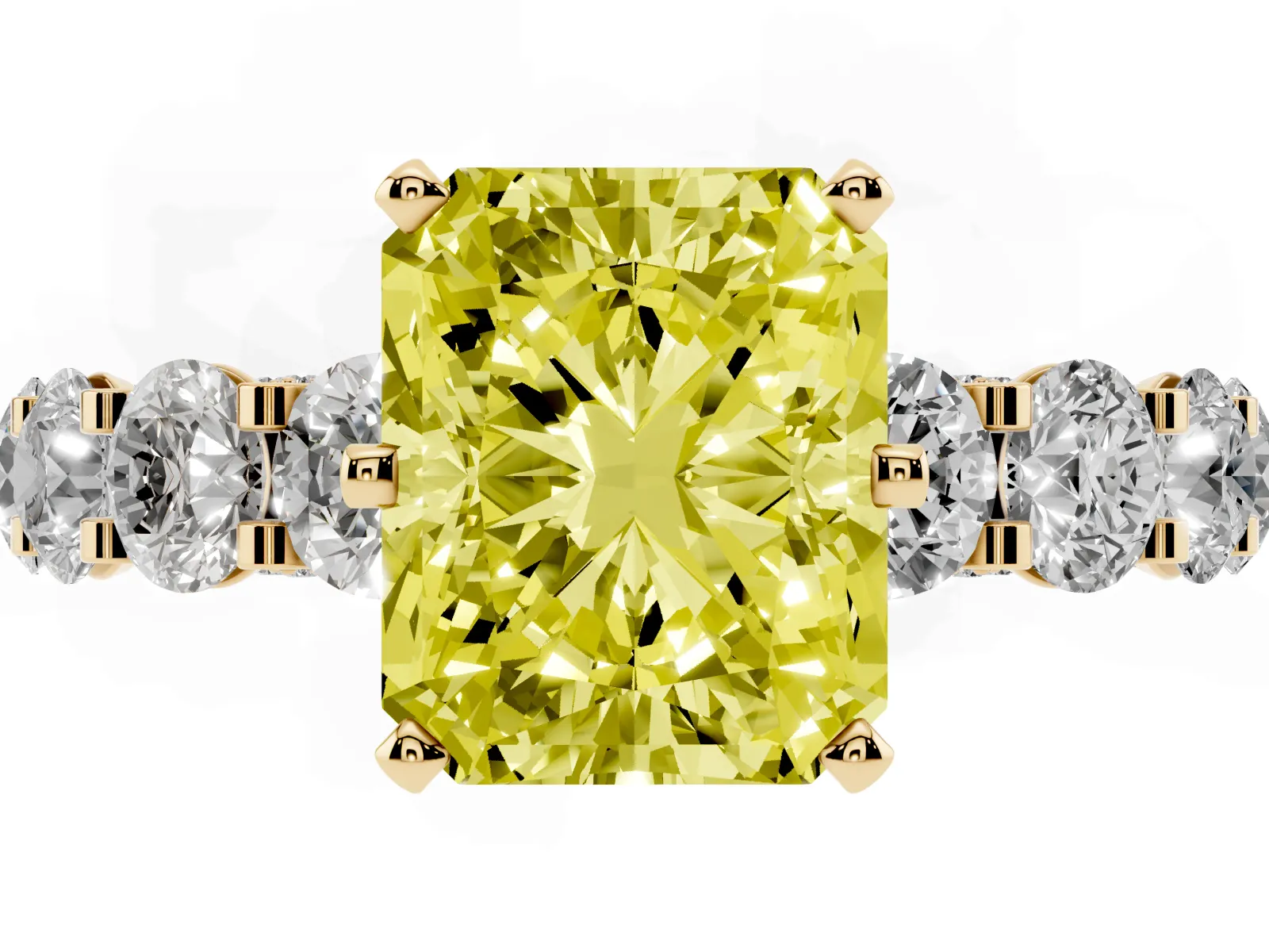 Fancy Yellow Radiant Cut Diamond Side Stone Engagement Ring with Four-Prong Setting Yellow gold