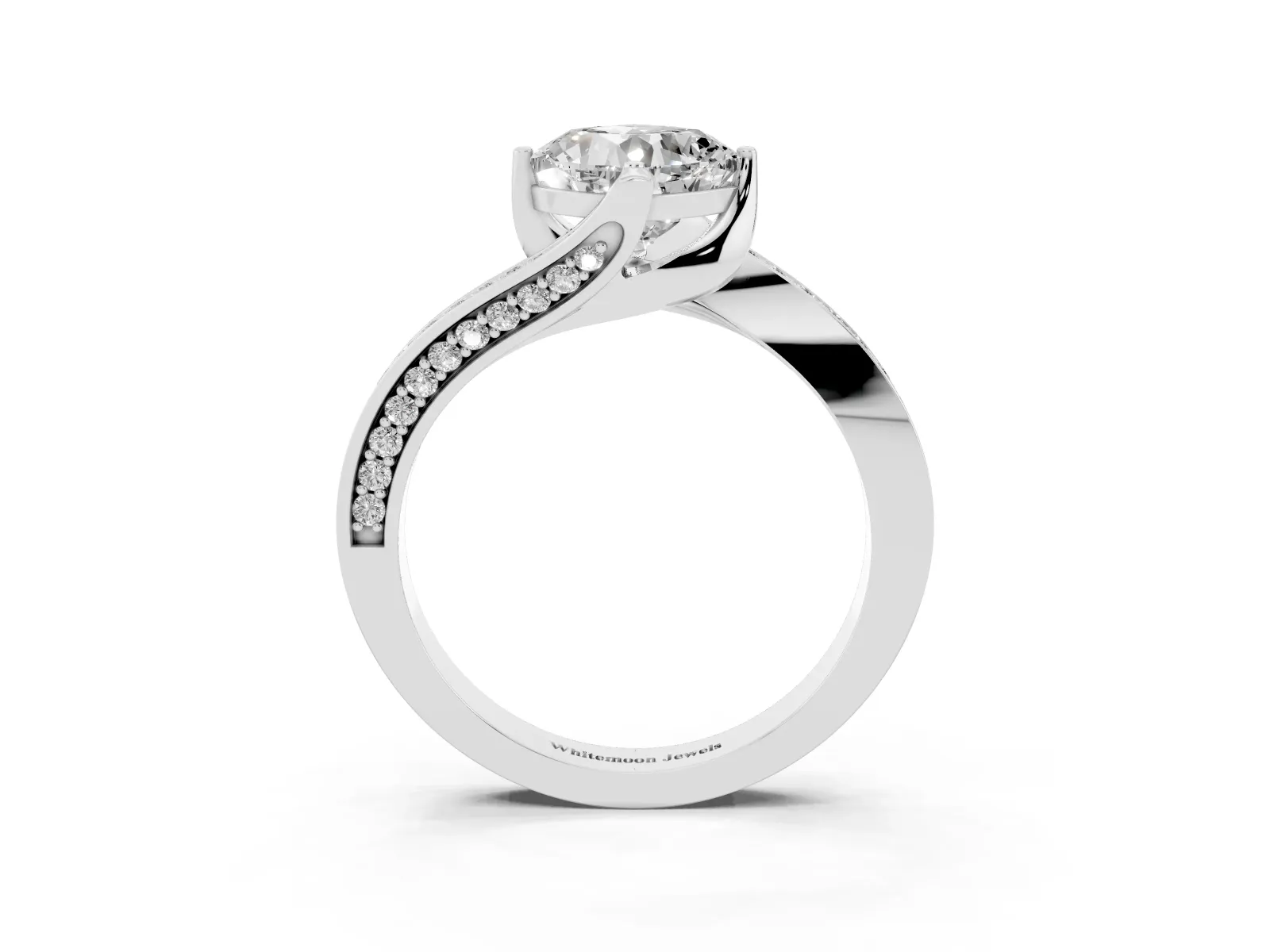 Cushion Cut Solitaire Diamond Twist Band with Pavé Setting and Four-Prong Setting Platinum