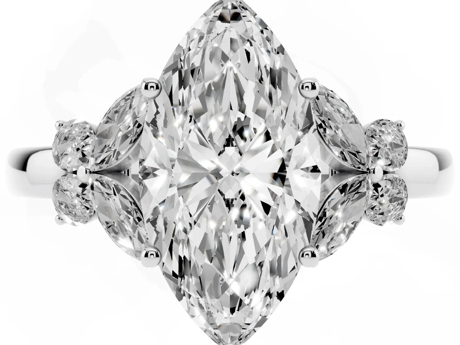 Marquise Cut Cut Solitaire Floral Diamond Ring with Four-Prong Setting Platinum