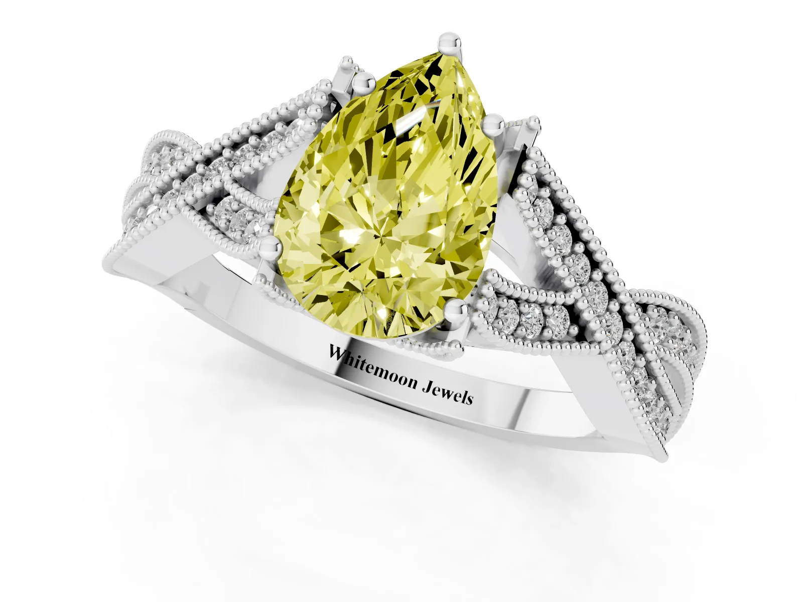 Fancy Yellow Pear Cut Cut Diamond Twisted Band with Milgrain Pave Setting and Four-Prong Setting Platinum