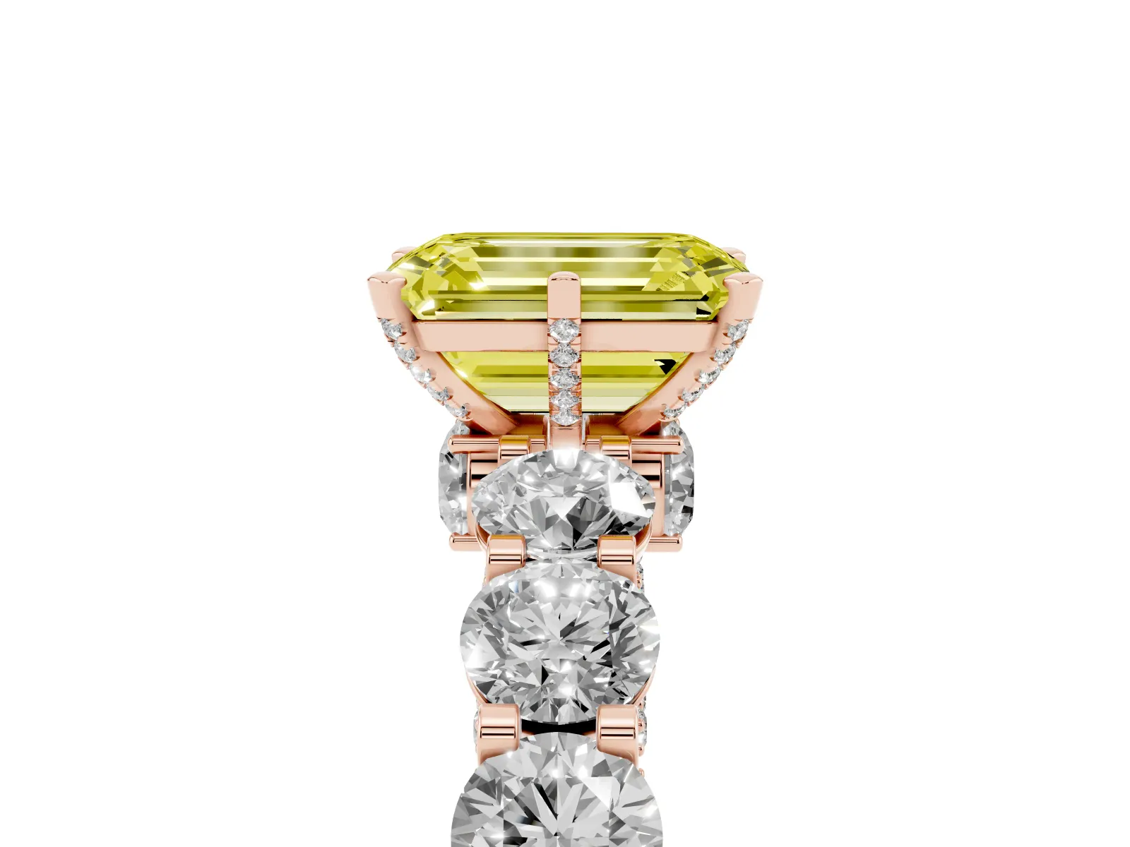 Fancy Yellow Emerald Cut Diamond Side Stone Engagement Ring with Four-Prong Setting Rose gold
