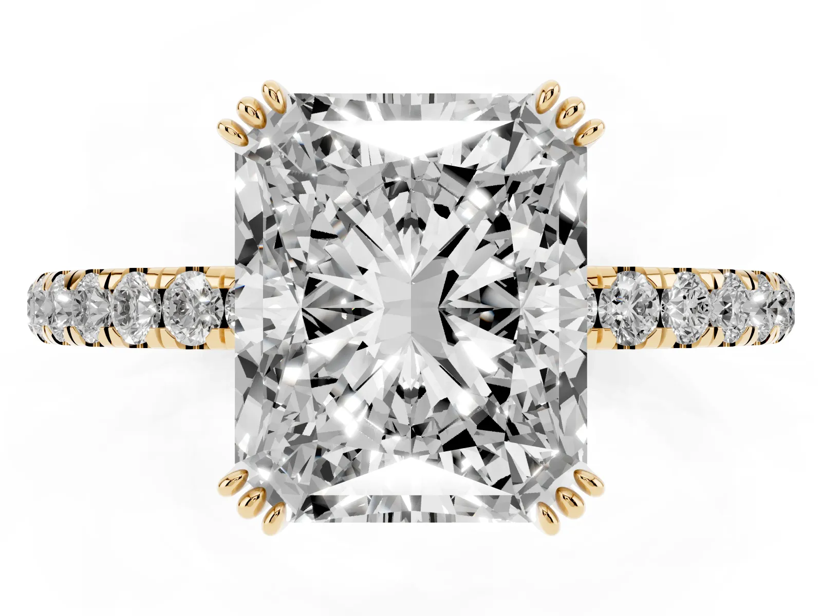 Radiant Cut Brilliant Solitaire with Pavé Band and Claw Prong Setting Yellow gold