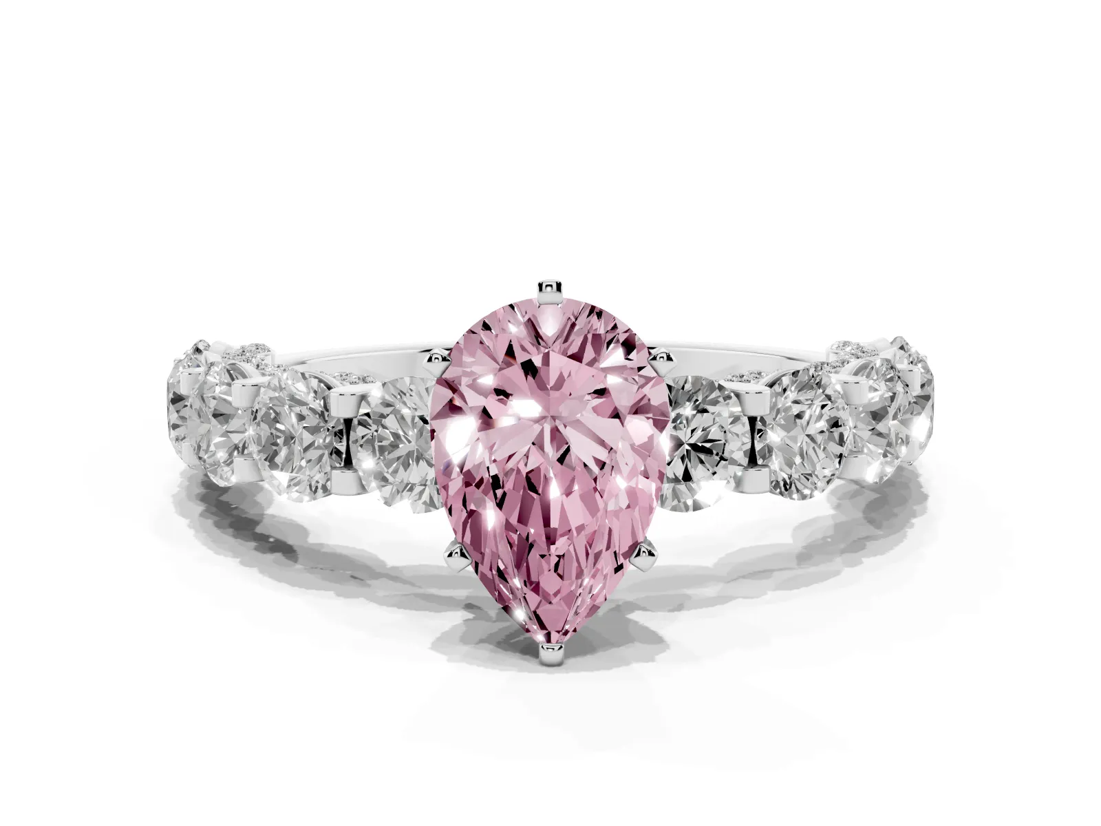 Fancy Pink Pear Cut Diamond Side Stone Engagement Ring with Four-Prong Setting Platinum