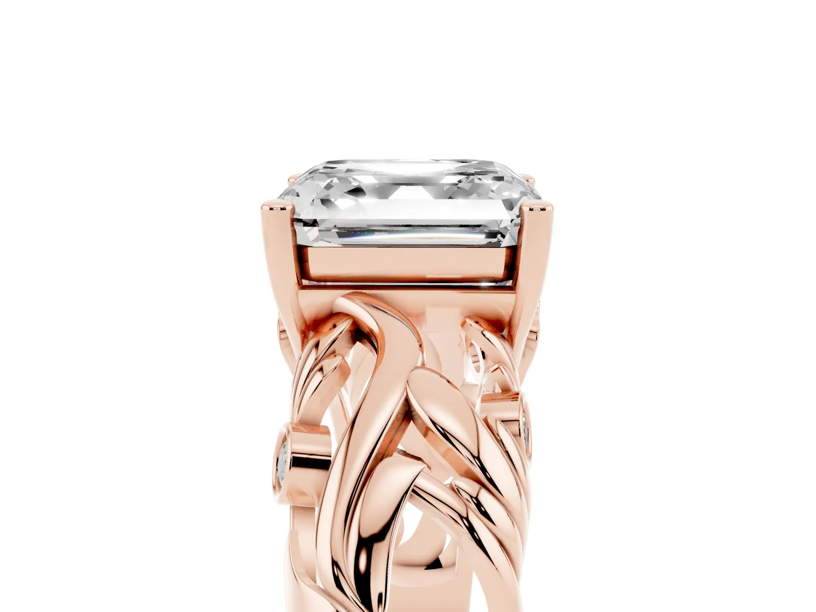 Asscher Cut Solitaire Diamond Leaf-Inspired Vine Band Ring with Prong Setting Rose gold