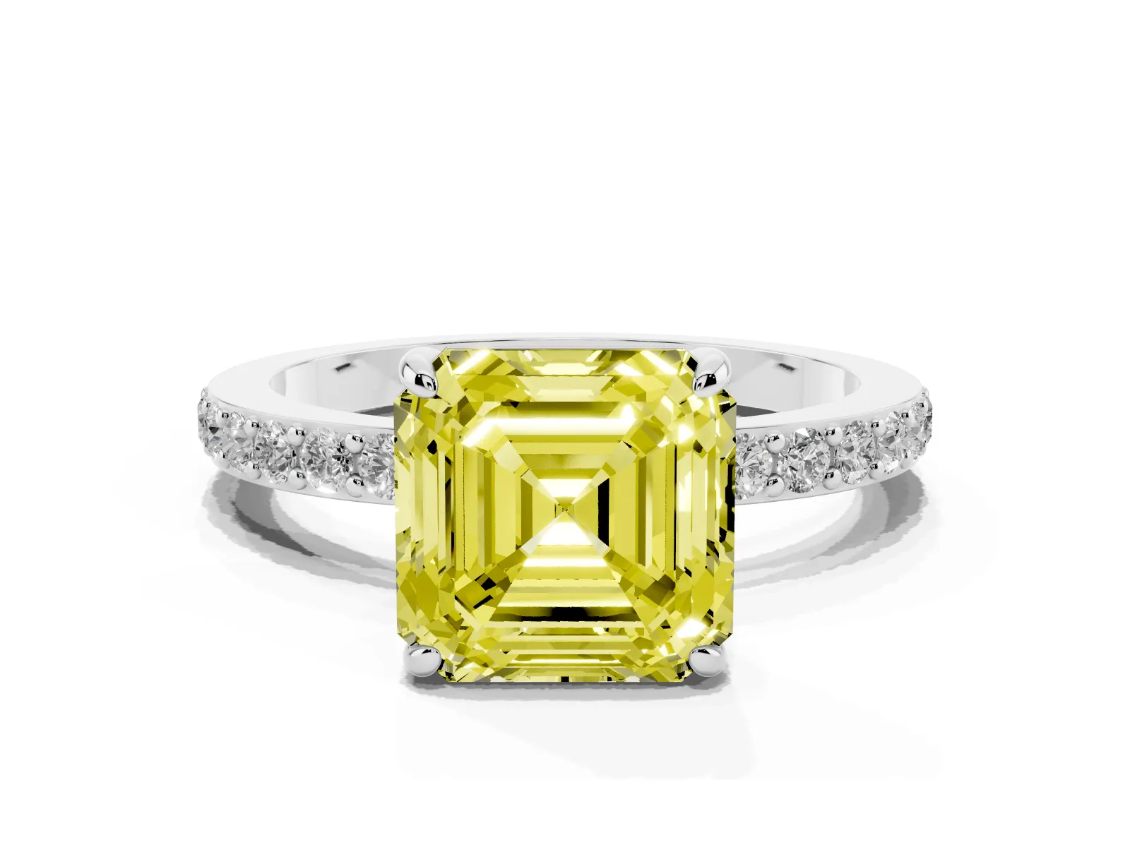 Fancy Yellow Asscher Cut Diamond Solitaire Engagement Ring with Pavé Band and Four-Prong Setting White gold