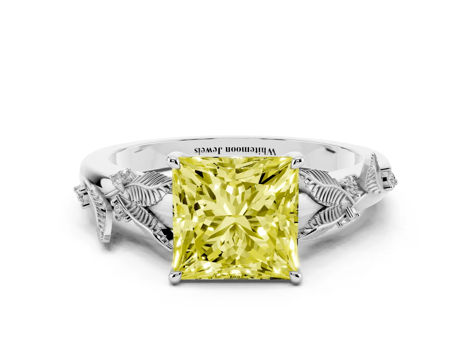 Fancy Yellow Princess Cut Diamond Solitaire Ring with Leaf Motif Band and Four-Prong Setting Platinum