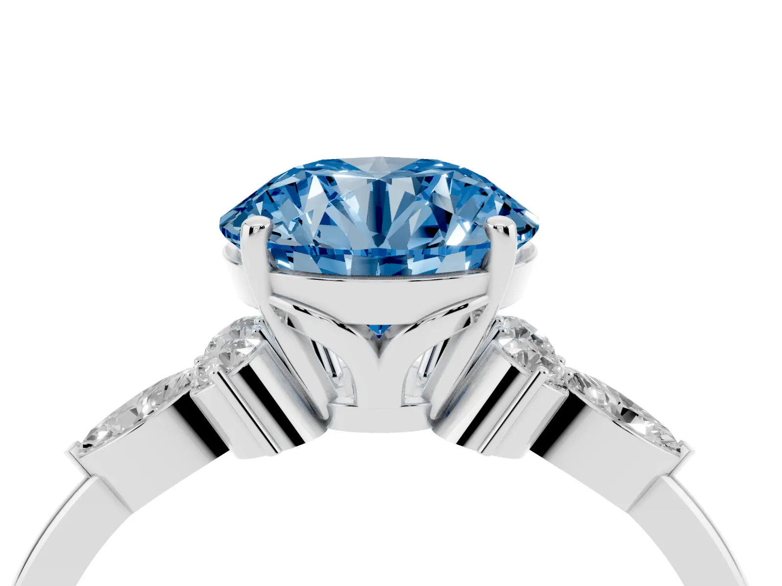 Fancy Blue Round Cut Brilliant Diamond Solitaire Ring with Pear Side Stones and Four-Prong Setting Platinum