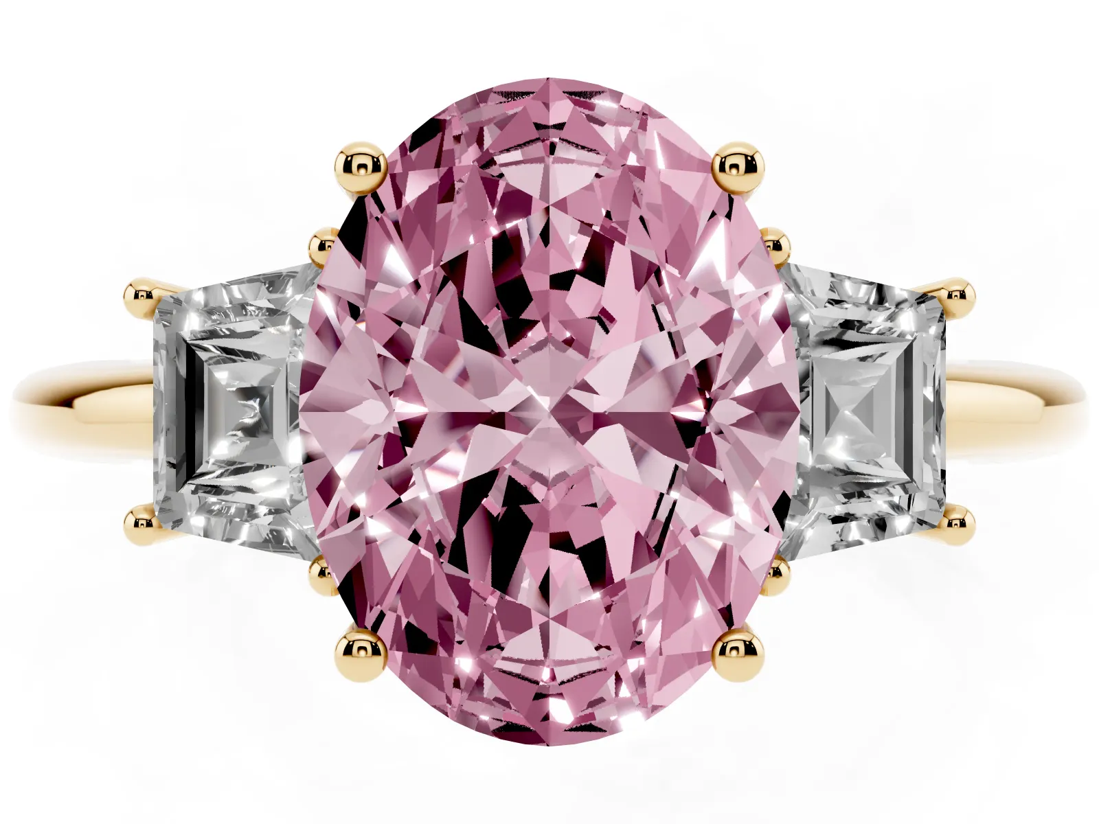 Fancy Pink Oval Cut Diamond Three-Stone Ring with Trapezoid Side Stones and Prong Setting Yellow gold