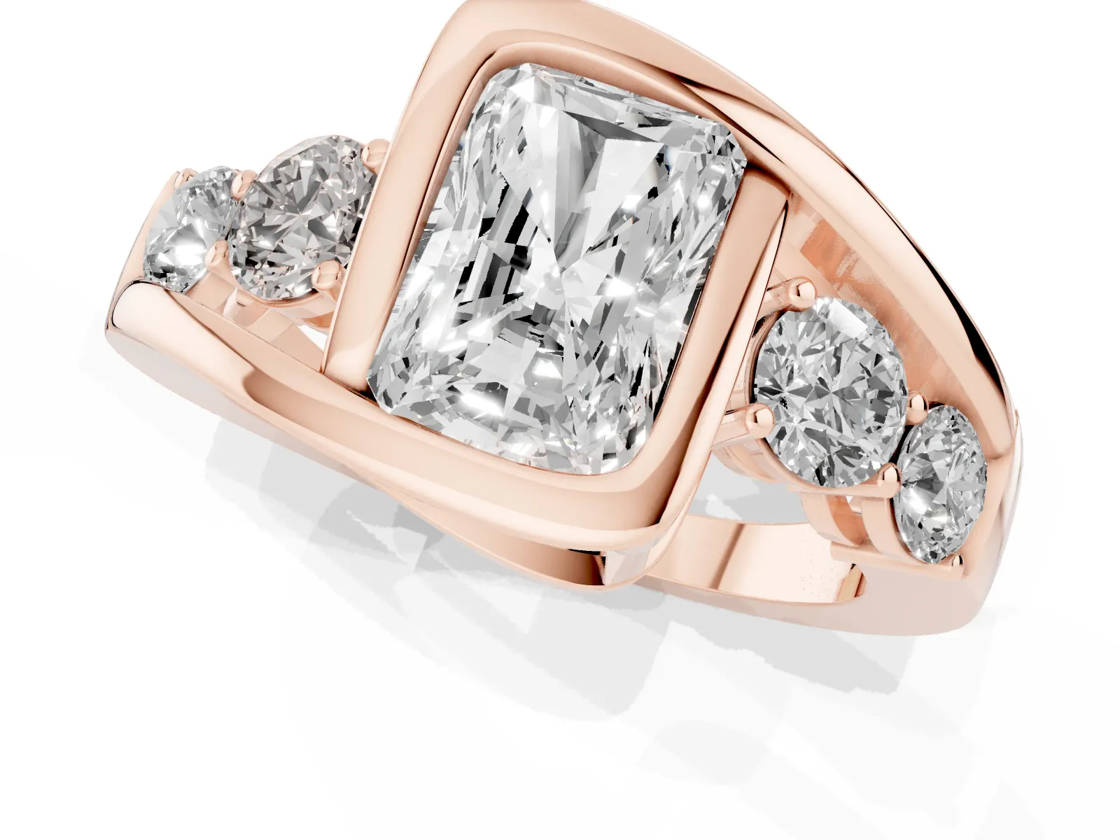 Bezel Set Radiant Cut Diamond Bypass Ring with Round Accents Rose gold