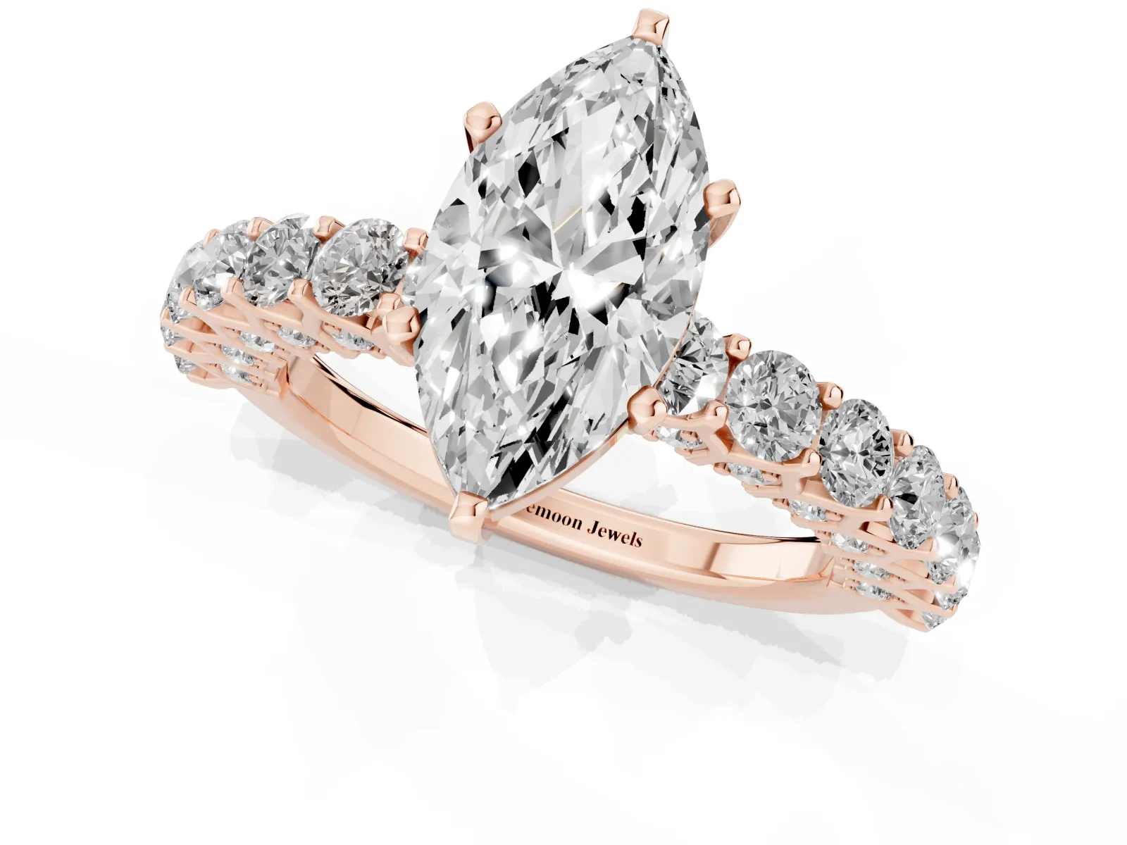 Marquise Cut Diamond Solitaire Ring with Shared Prong Pavé Band and Four-Prong Setting Rose gold
