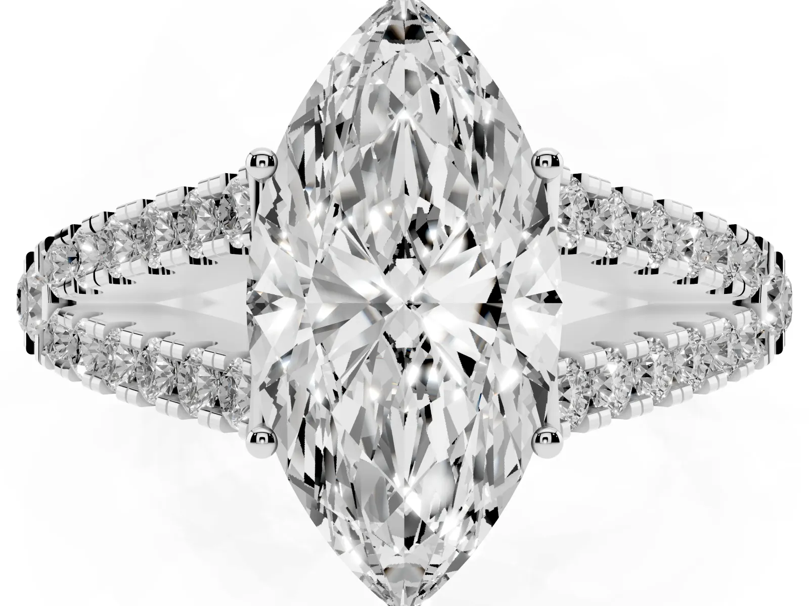 Marquise Cut Diamond Split Shank Engagement Ring with Round Pavé and Prong Setting White gold