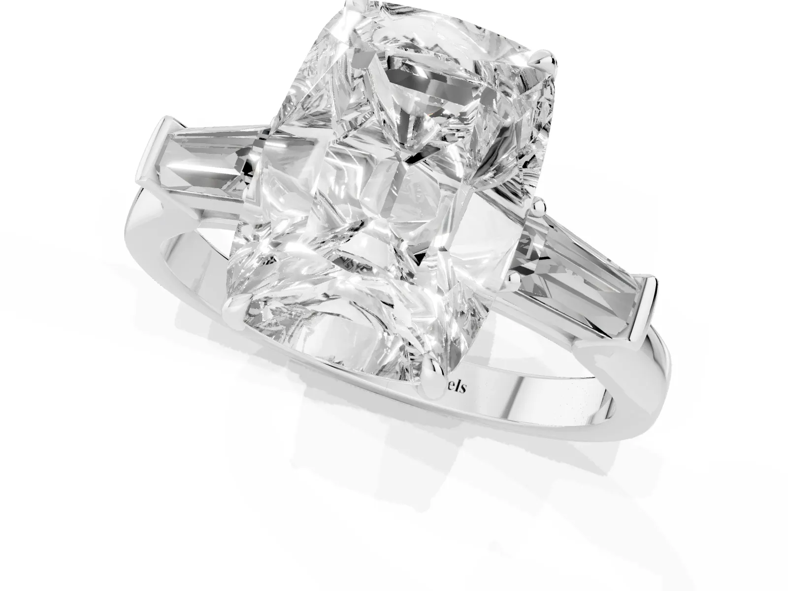 Old Mine Elongated Cushion Diamond with Side Tapered Baguette Three Stone Ring Platinum