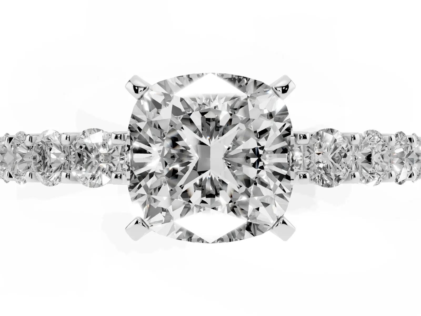 Cushion Cut Diamond Solitaire Ring with Shared Prong Pavé Band and Four-Prong Setting White gold
