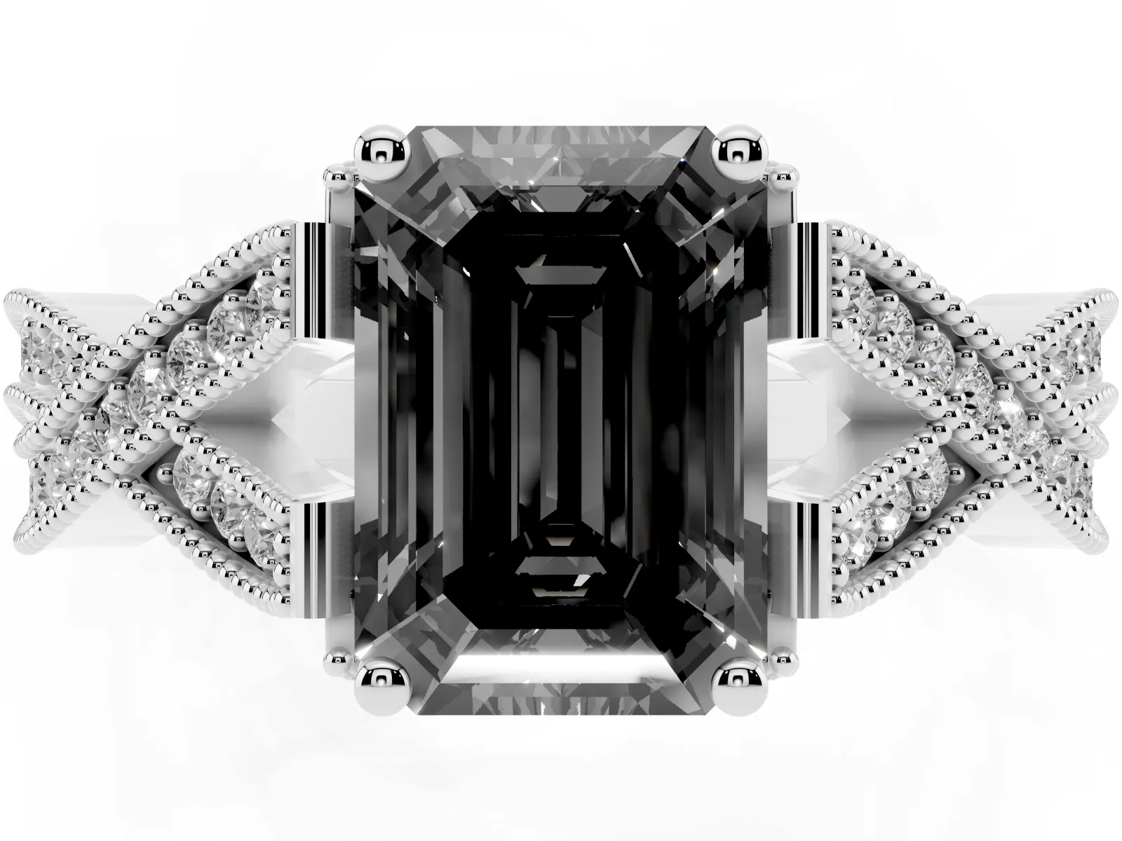 Fancy Black Emerald Cut Cut Diamond Twisted Band with Milgrain Pave Setting and Four-Prong Setting Platinum