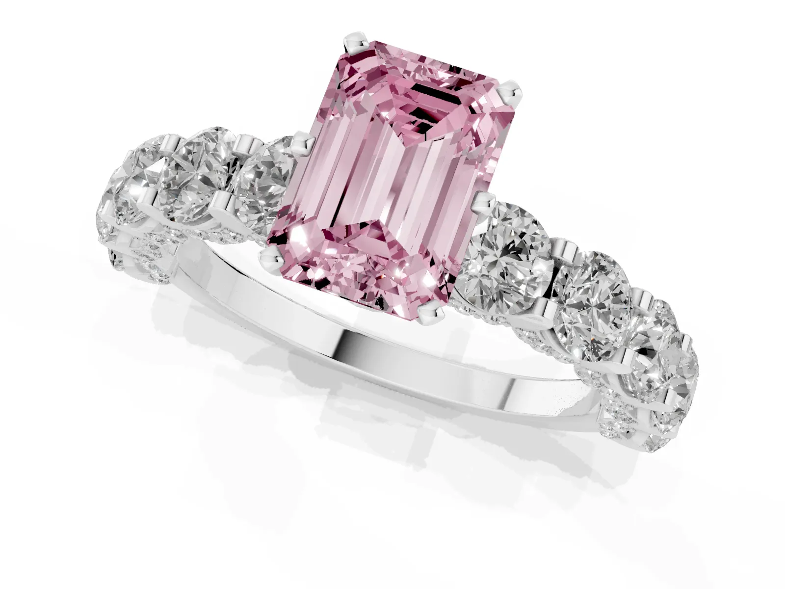 Fancy Pink Emerald Cut Diamond Side Stone Engagement Ring with Four-Prong Setting Platinum