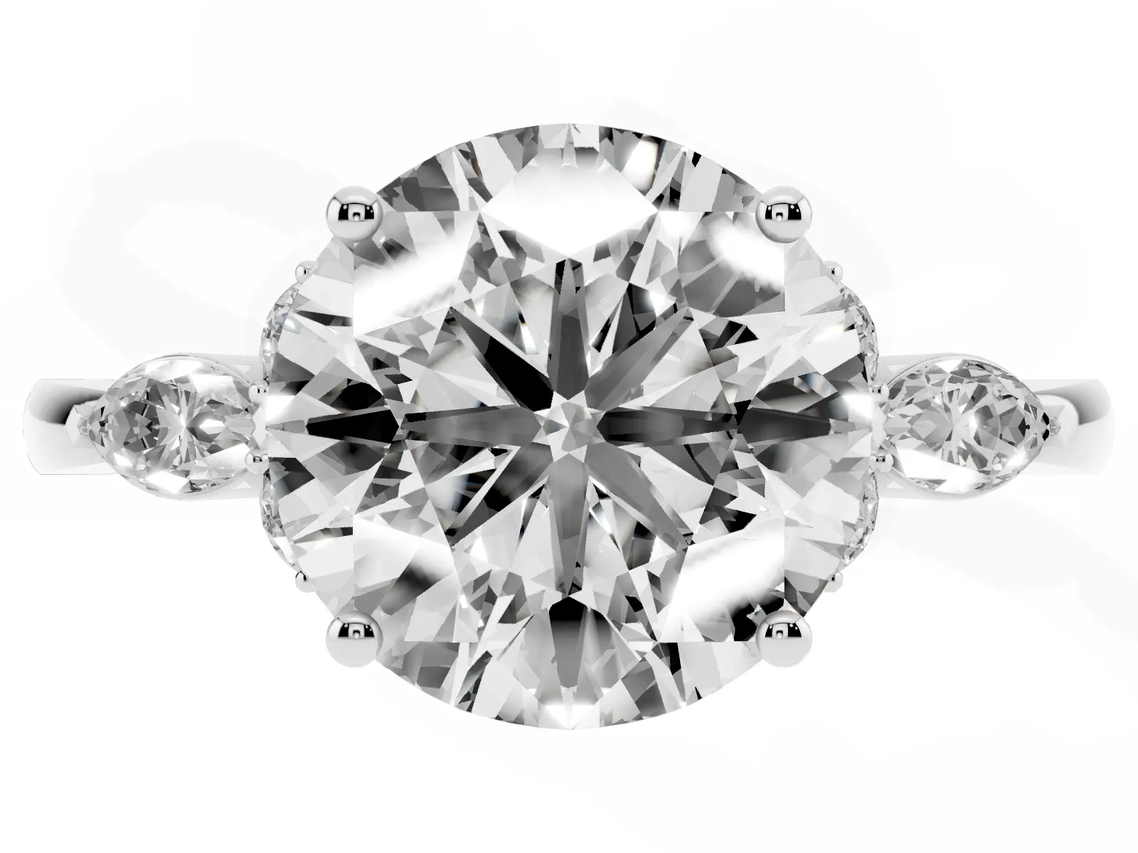 Round Cut Brilliant Diamond Solitaire Ring with Pear Side Stones and Four-Prong Setting Platinum