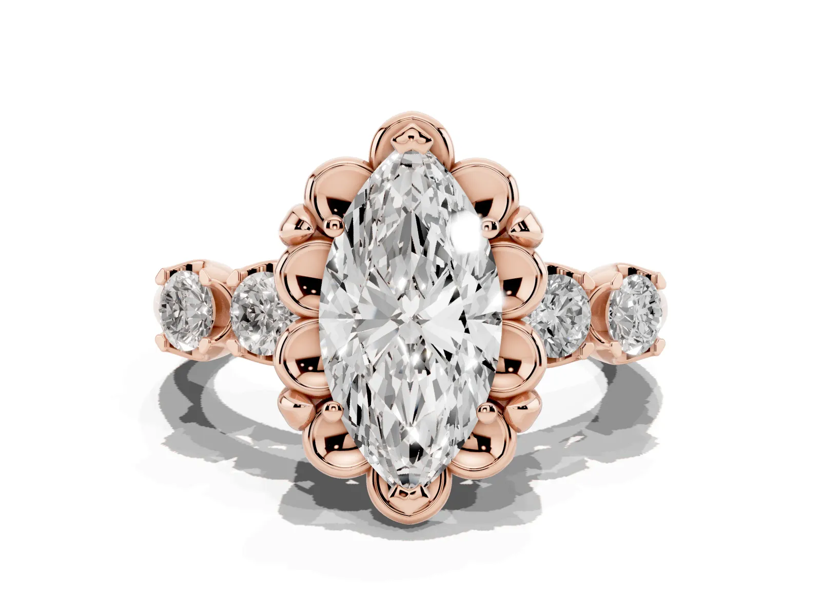 Marquise Cut Cut Diamond Floral Halo Engagement Ring with Shared Prong Setting Rose gold