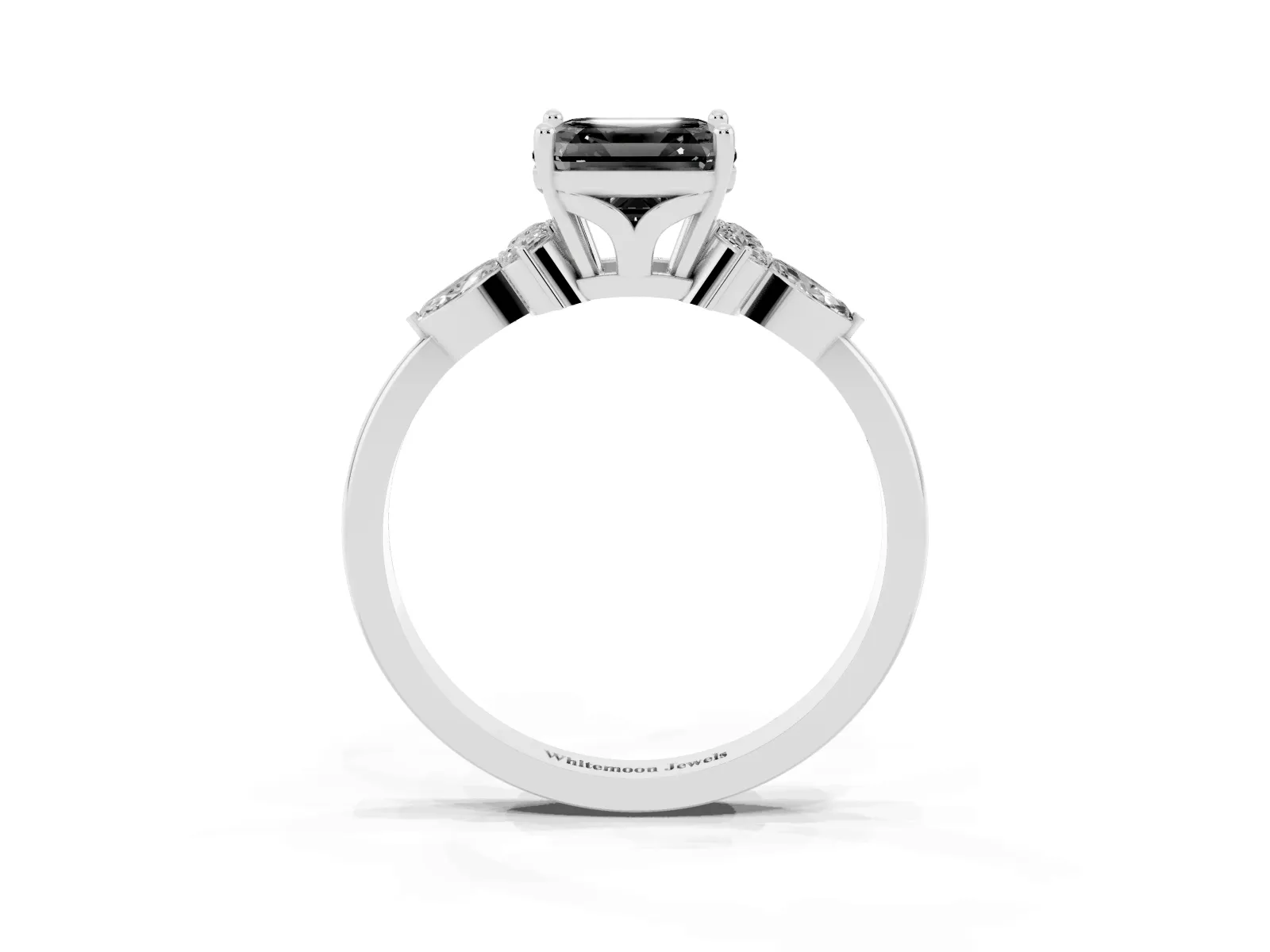 Fancy Black Asscher Cut Brilliant Diamond Solitaire Ring with Pear Side Stones and Four-Prong Setting Platinum