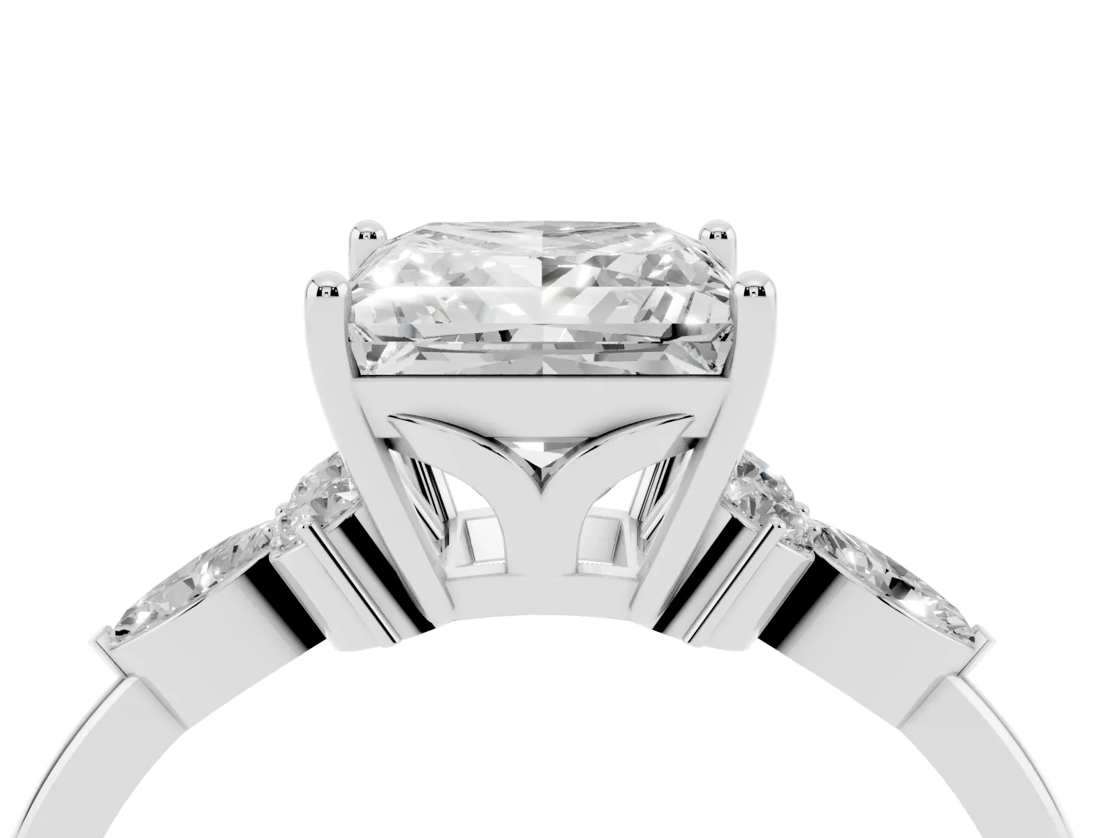 Princess Cut Brilliant Diamond Solitaire Ring with Pear Side Stones and Four-Prong Setting Platinum