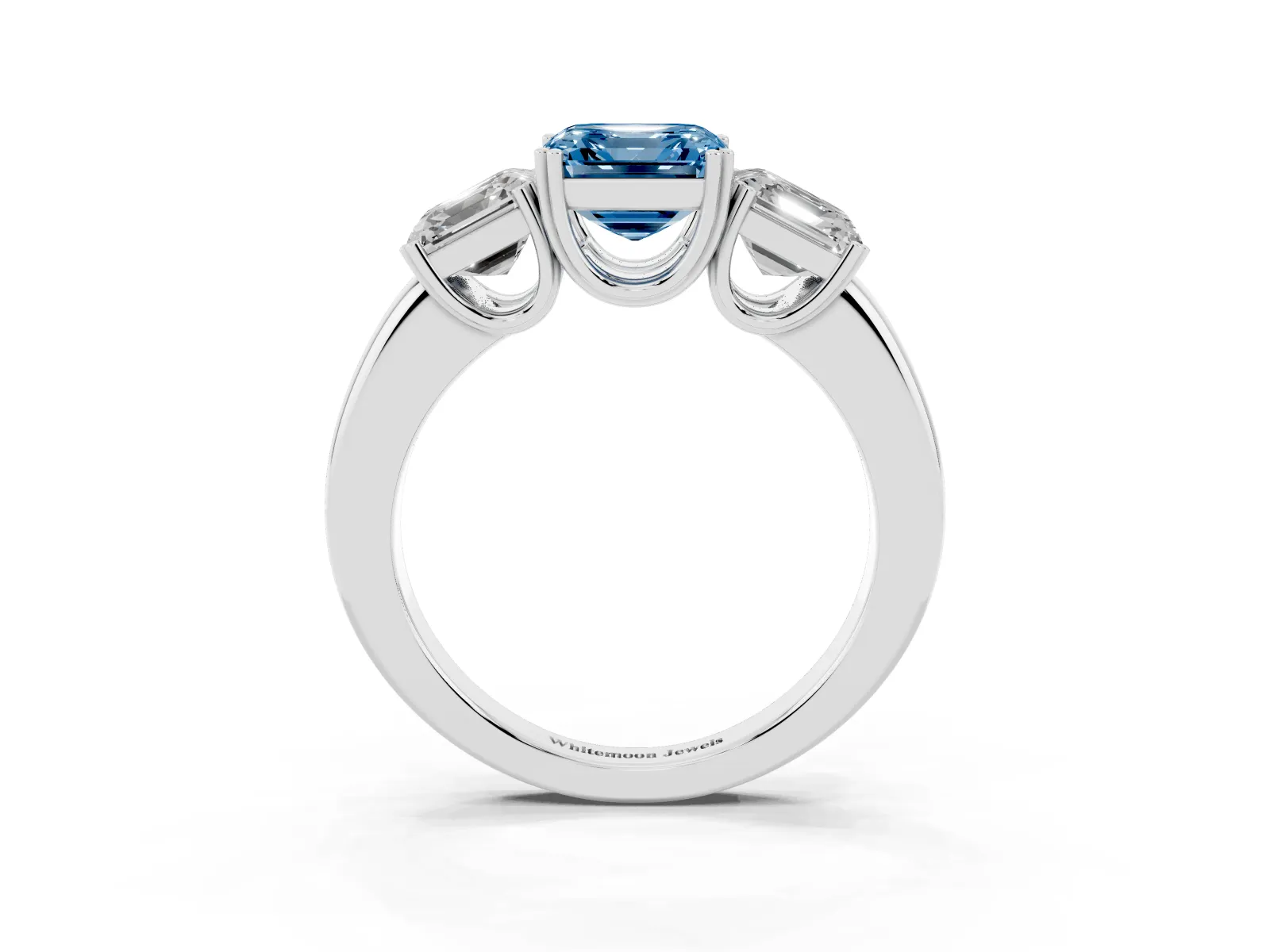 Fancy Blue Three-Stone Asscher Cut Cut Diamond Ring with Channel Set Band and Four-Prong Setting White gold