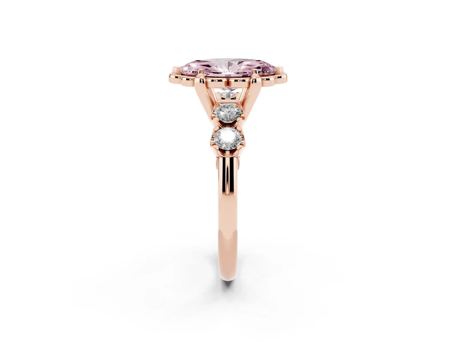 Fancy Pink Marquise Cut Cut Diamond Floral Halo Engagement Ring with Shared Prong Setting Rose gold