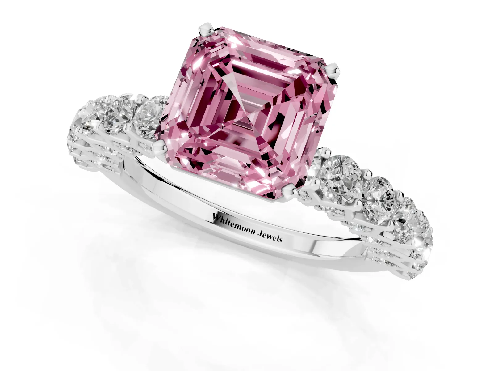 Fancy Pink Asscher Cut Diamond Solitaire Ring with Shared Prong Pavé Band and Four-Prong Setting White gold
