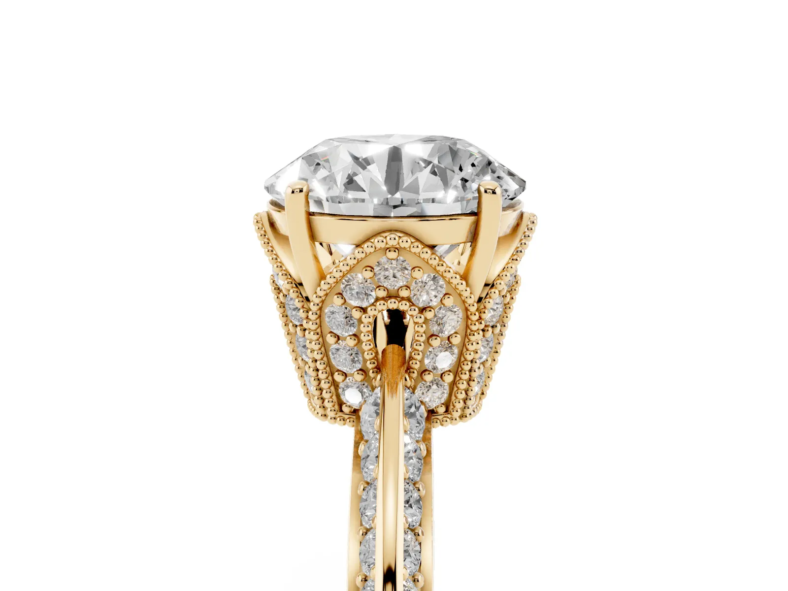 Round Cut Solitaire Split Shank Pave Diamond Engagement Ring with Four-Prong Setting Yellow gold