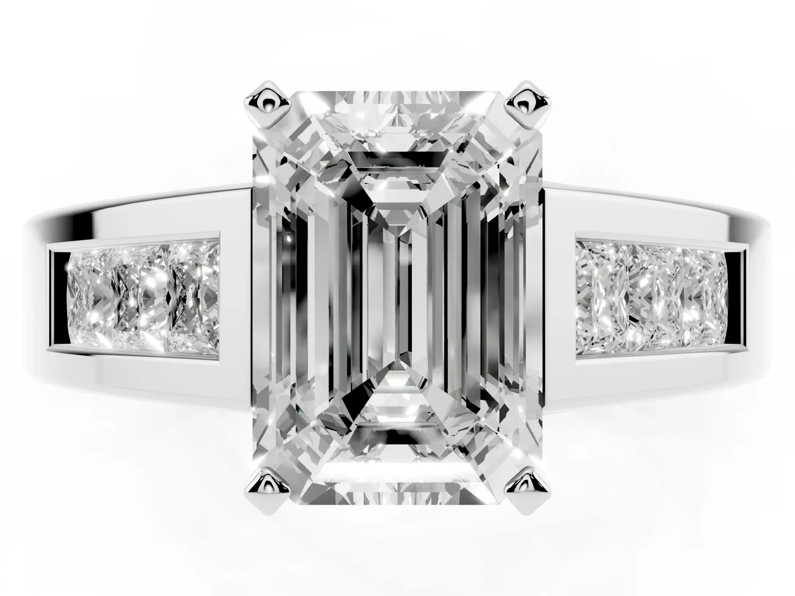 Emerald Cut Cut Channel Set Solitaire Ring with Four-Prong Setting Platinum