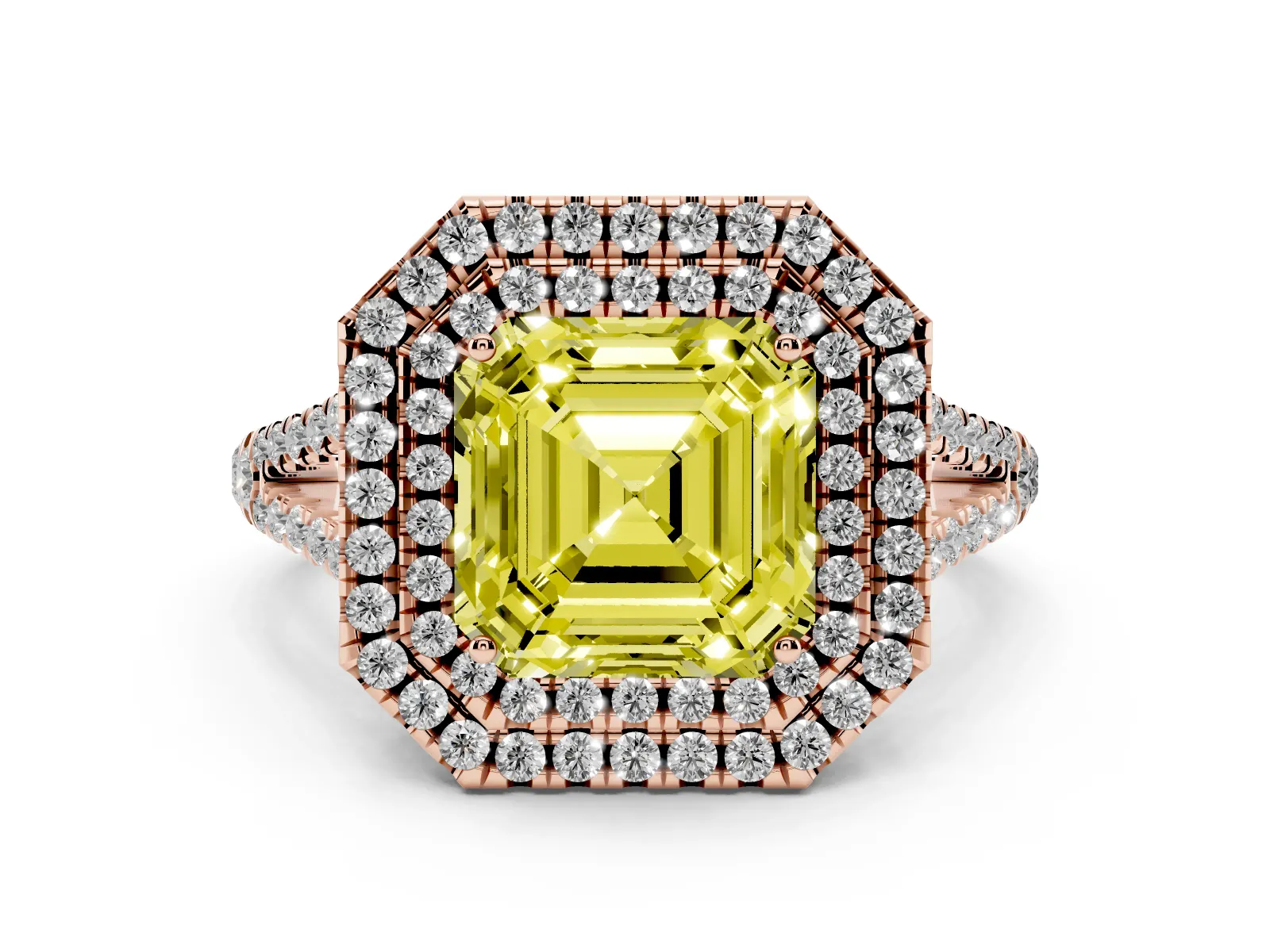 Fancy Yellow Asscher Cut Diamond Double Halo Ring with Pavé Band and Prong Setting Rose gold