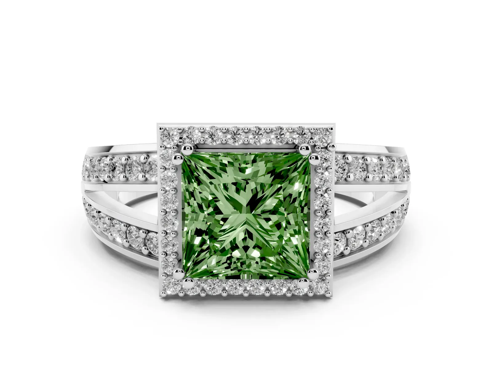 Fancy Green Princess Cut Diamond Halo Ring with Split Shank Pavé Band and Four-Prong Setting Platinum