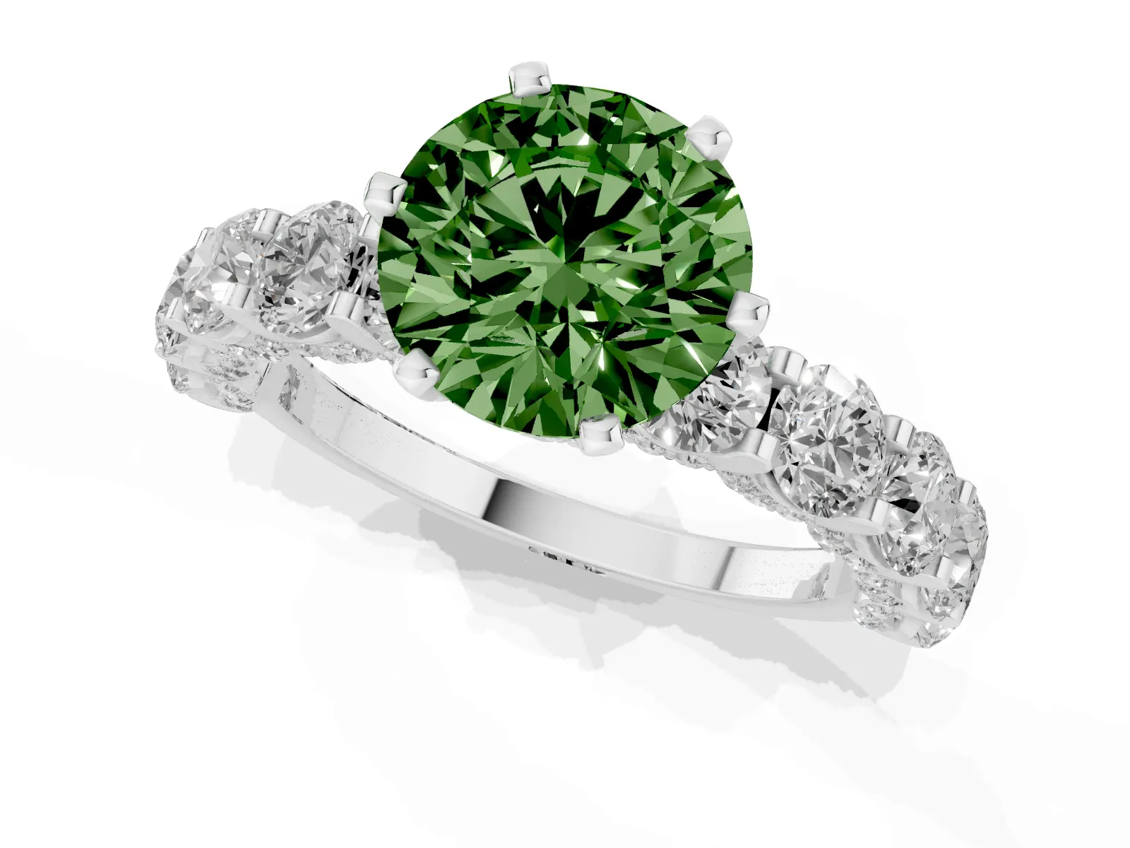 Fancy Green Round Cut Diamond Side Stone Engagement Ring with Four-Prong Setting White gold