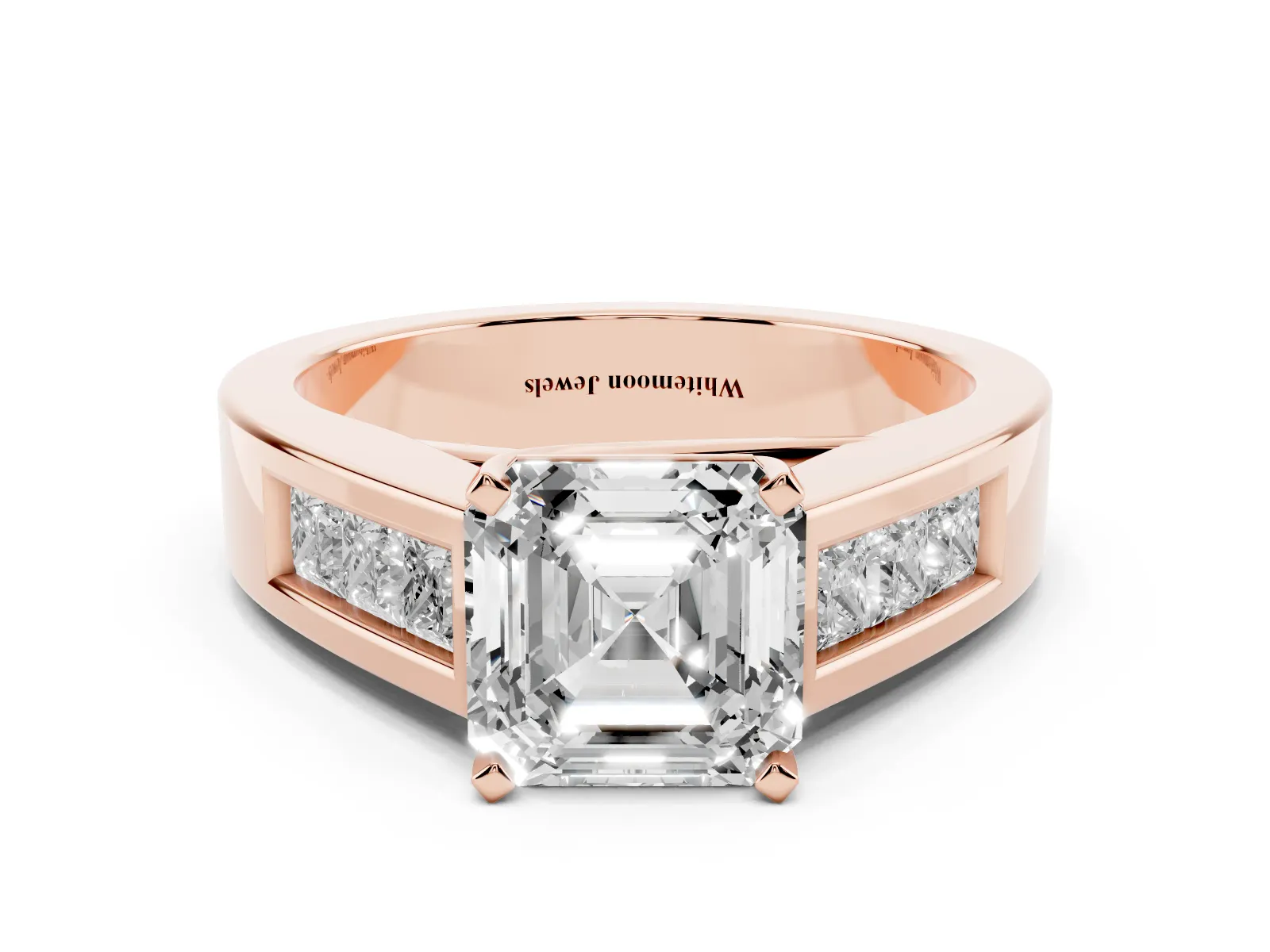 Asscher Cut Cut Channel Set Solitaire Ring with Four-Prong Setting Rose gold
