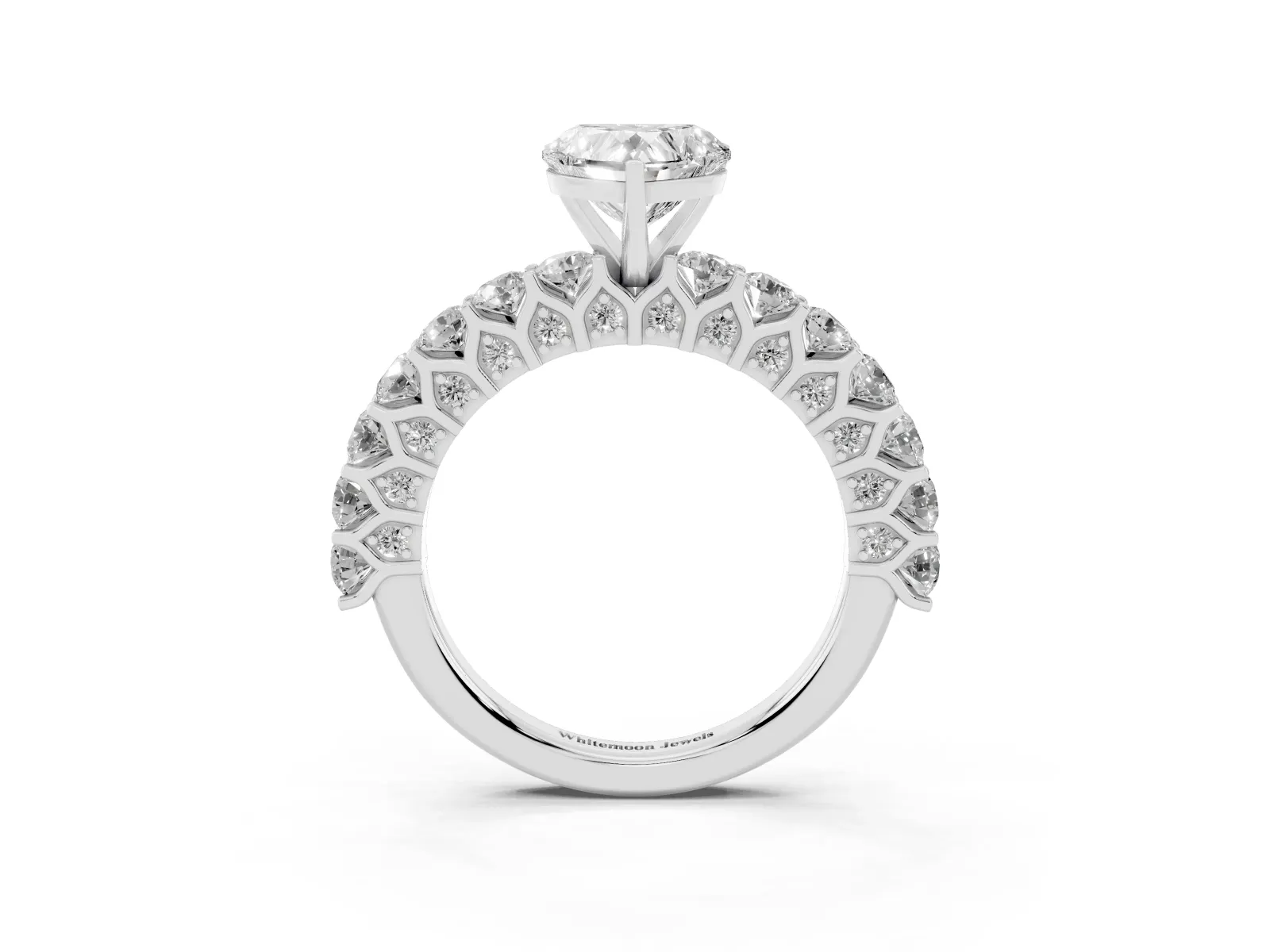 Heart Cut Diamond Solitaire Ring with Shared Prong Pavé Band and Four-Prong Setting White gold