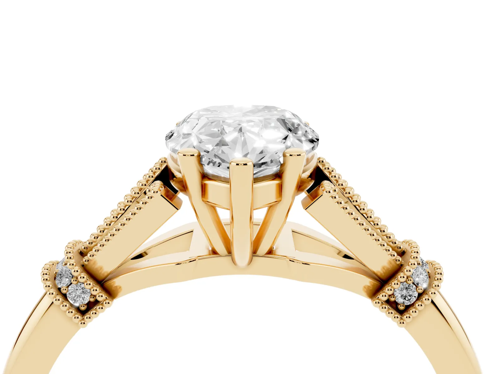 Pear Cut Diamond Solitaire Ring with Floral Filigree and Pave Accents Yellow gold