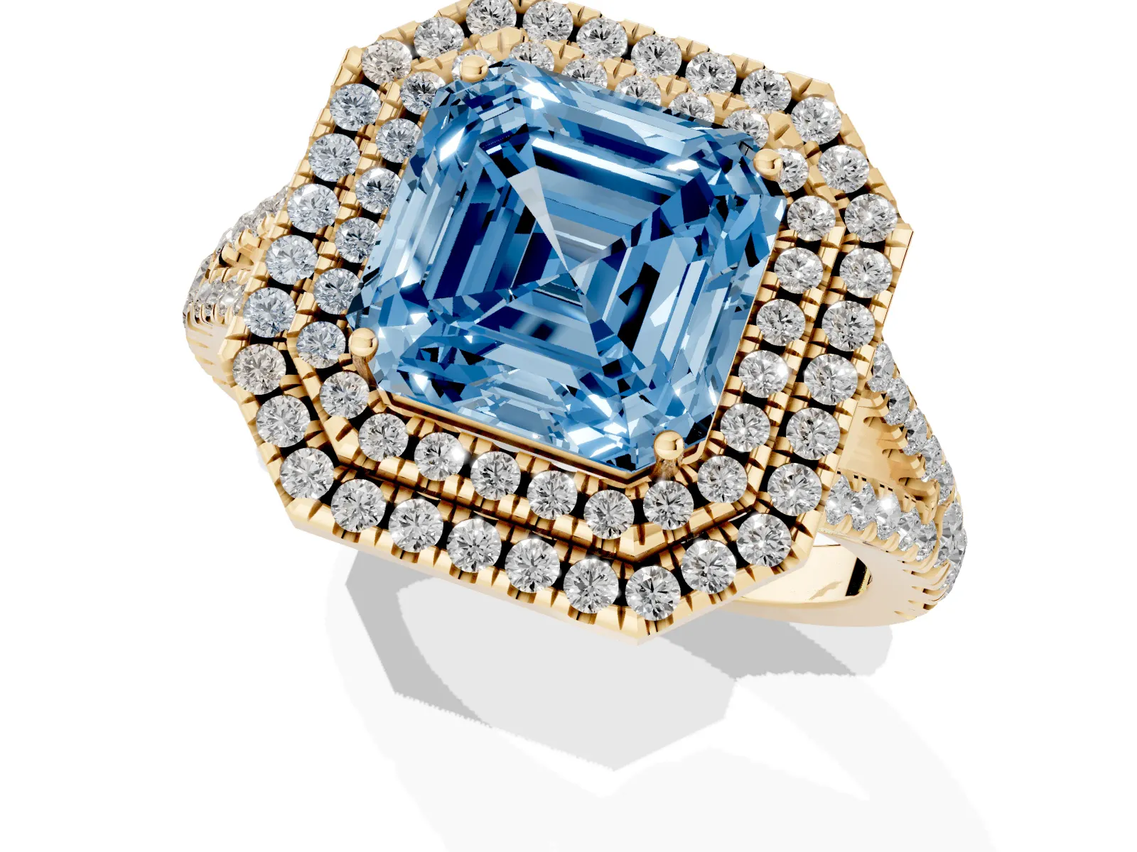 Fancy Blue Asscher Cut Diamond Double Halo Ring with Pavé Band and Prong Setting Yellow gold