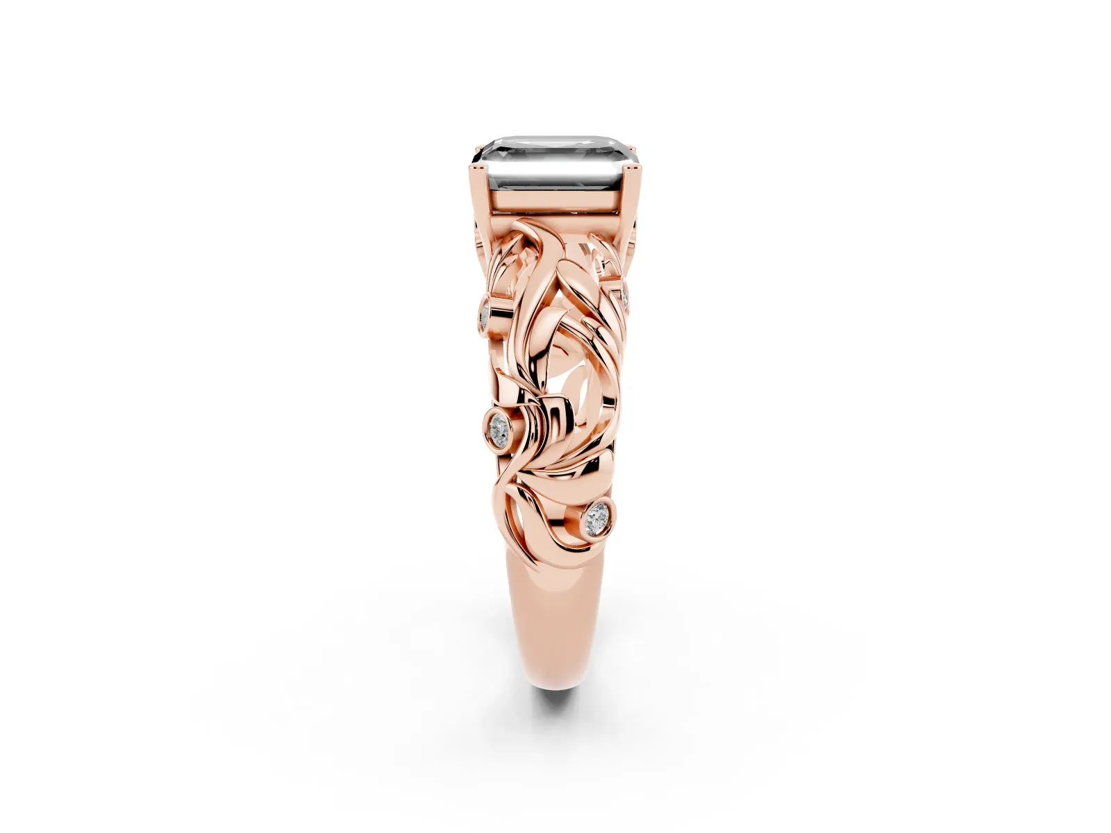 Fancy Black Asscher Cut Solitaire Diamond Leaf-Inspired Vine Band Ring with Prong Setting Rose gold