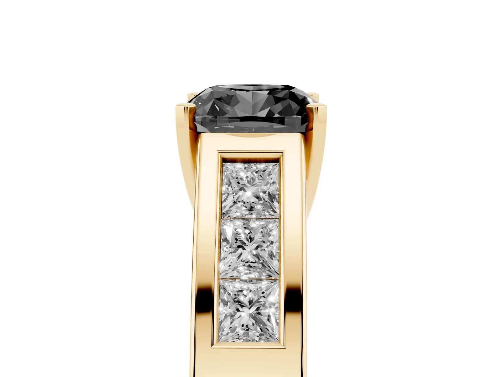 Fancy Black Cushion Cut Cut Channel Set Solitaire Ring with Four-Prong Setting Yellow gold