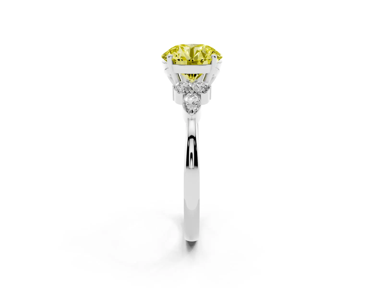Fancy Yellow Round Cut Brilliant Diamond Solitaire Ring with Pear Side Stones and Four-Prong Setting Platinum