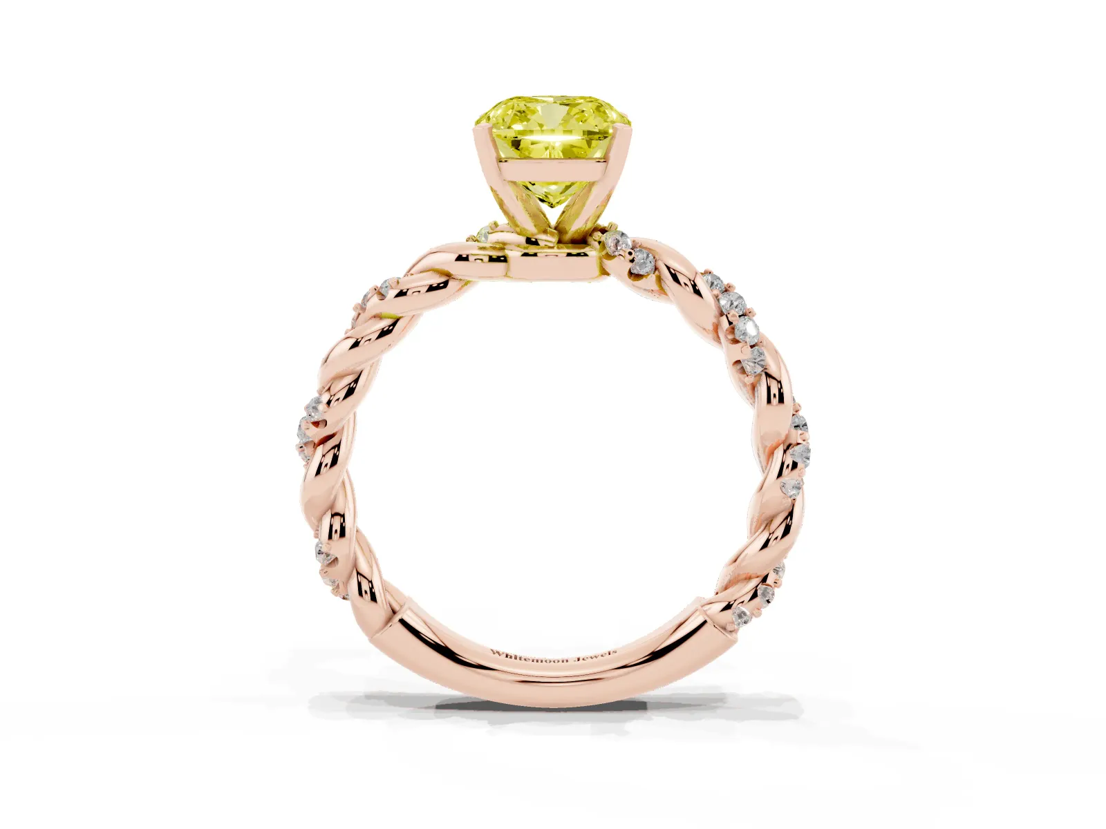 Fancy Yellow Cushion Cut Diamond Solitaire Ring with Twisted Band and Pavé Accents Rose gold