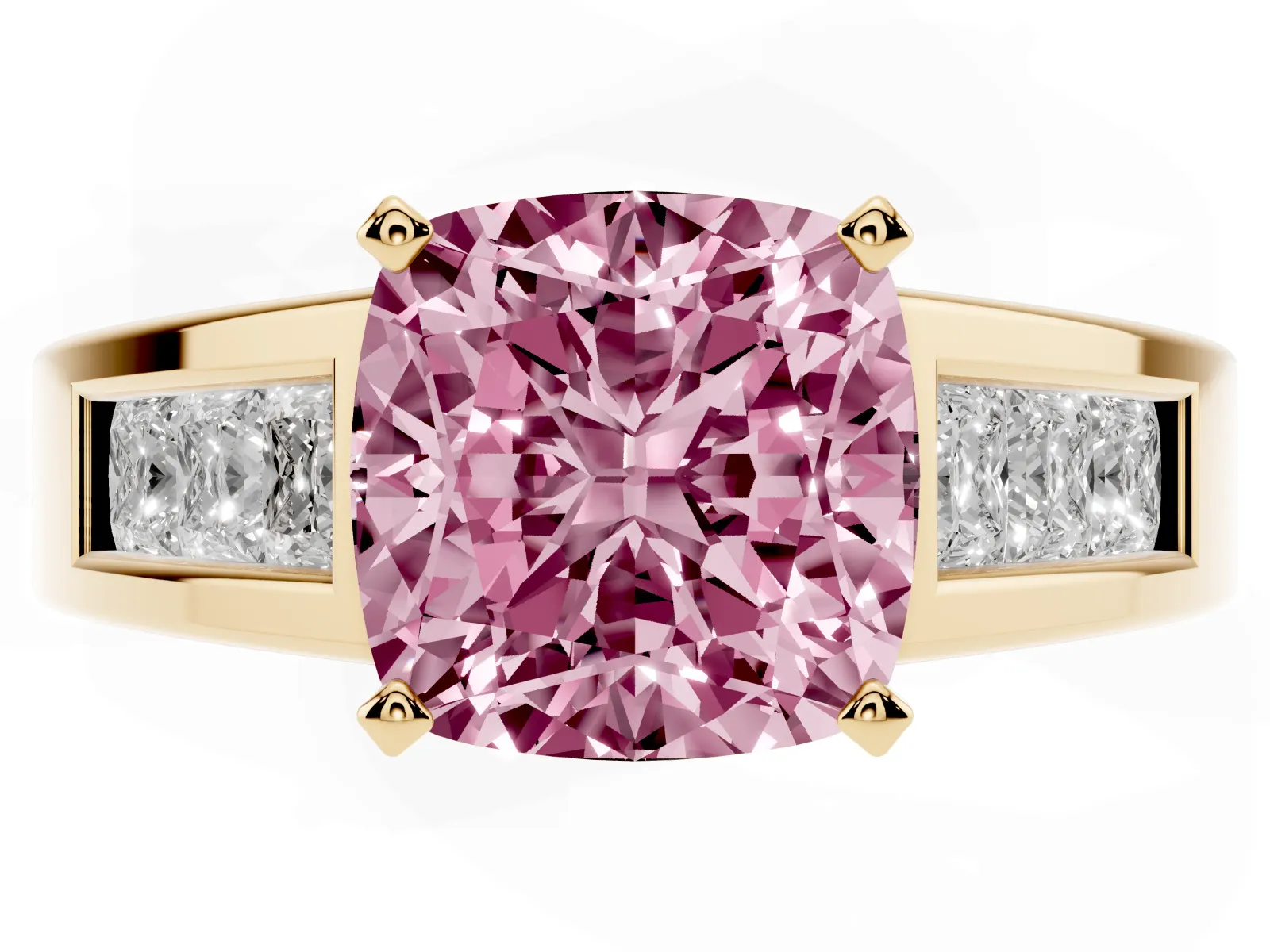 Fancy Pink Cushion Cut Cut Channel Set Solitaire Ring with Four-Prong Setting Yellow gold