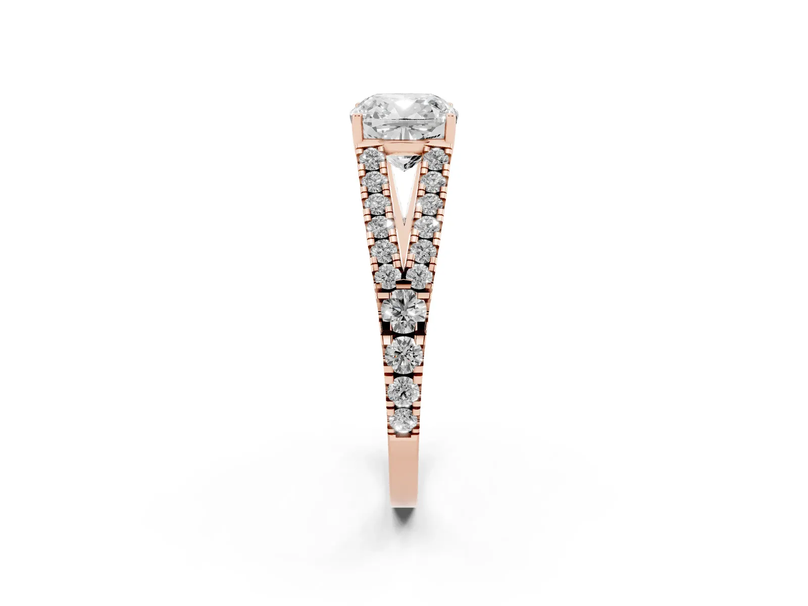 Cushion Cut Diamond Split Shank Engagement Ring with Round Pavé and Prong Setting Rose gold