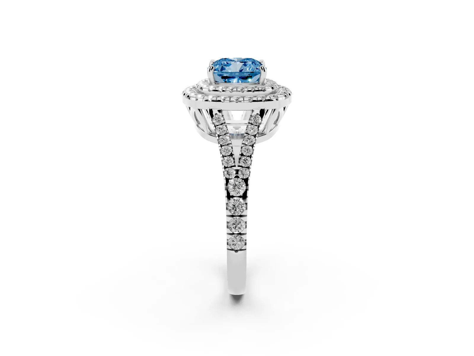 Fancy Blue Cushion Cut Diamond Double Halo Ring with Pavé Band and Prong Setting Platinum
