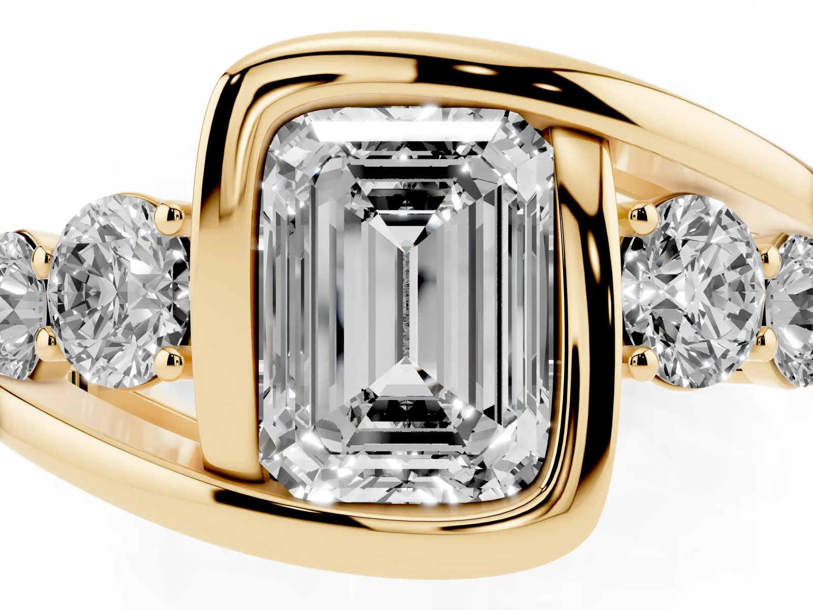 Bezel Set Emerald Cut Diamond Bypass Ring with Round Accents Yellow gold