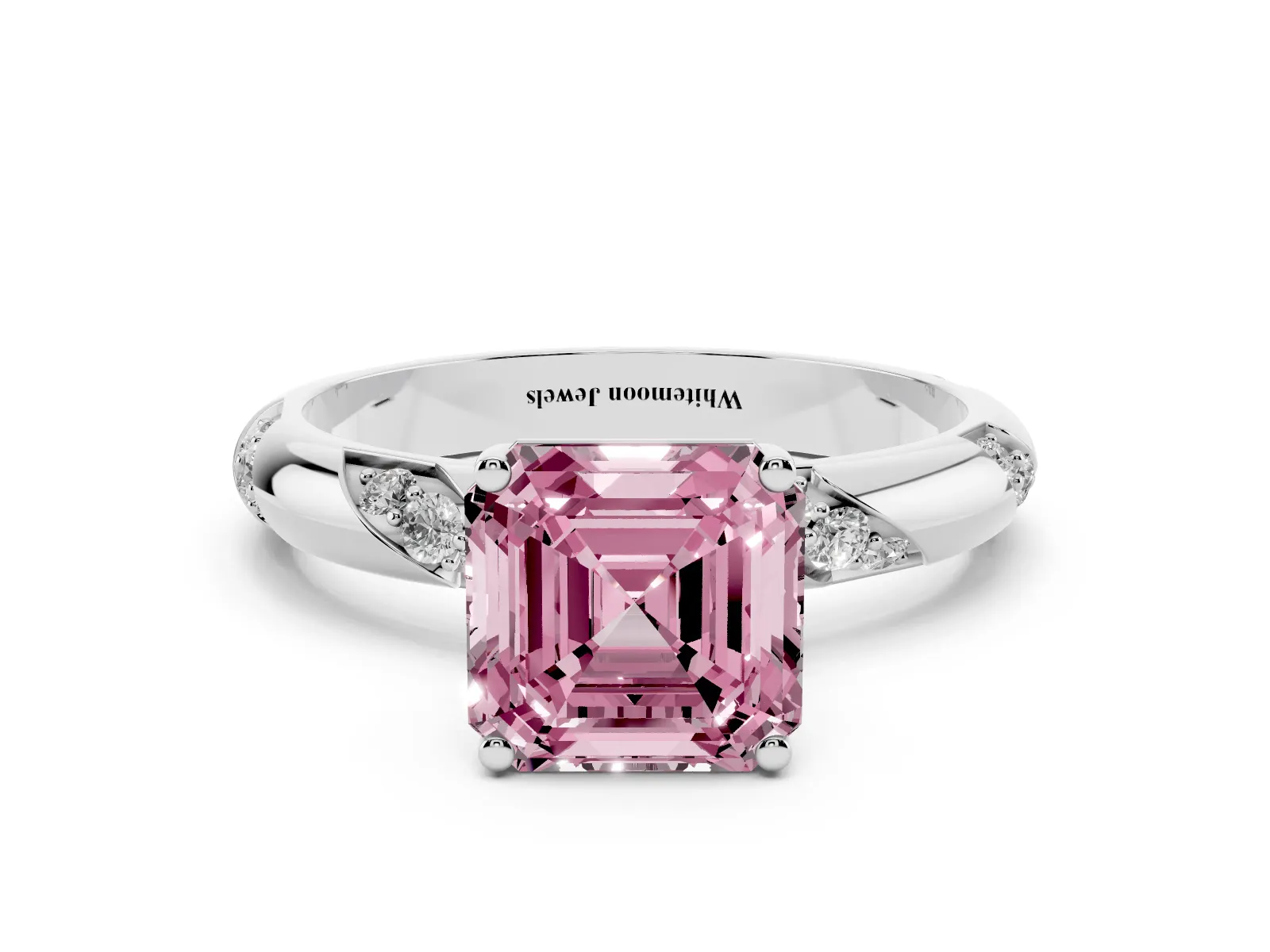 Fancy Pink Asscher Cut Diamond Solitaire Engagement Ring with Twisted Round Accent Band and Prong Setting Platinum
