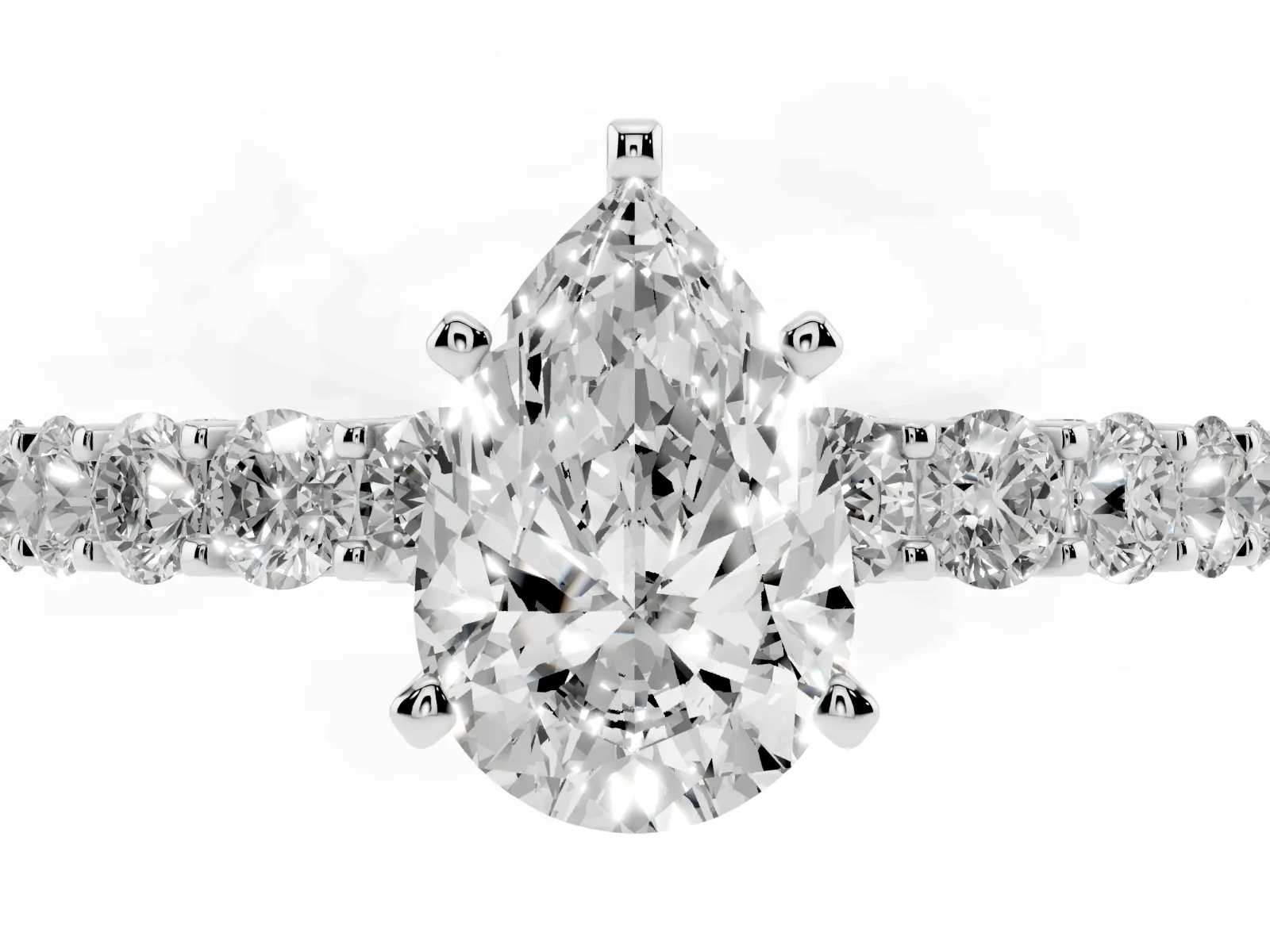 Pear Cut Diamond Solitaire Ring with Shared Prong Pavé Band and Four-Prong Setting White gold