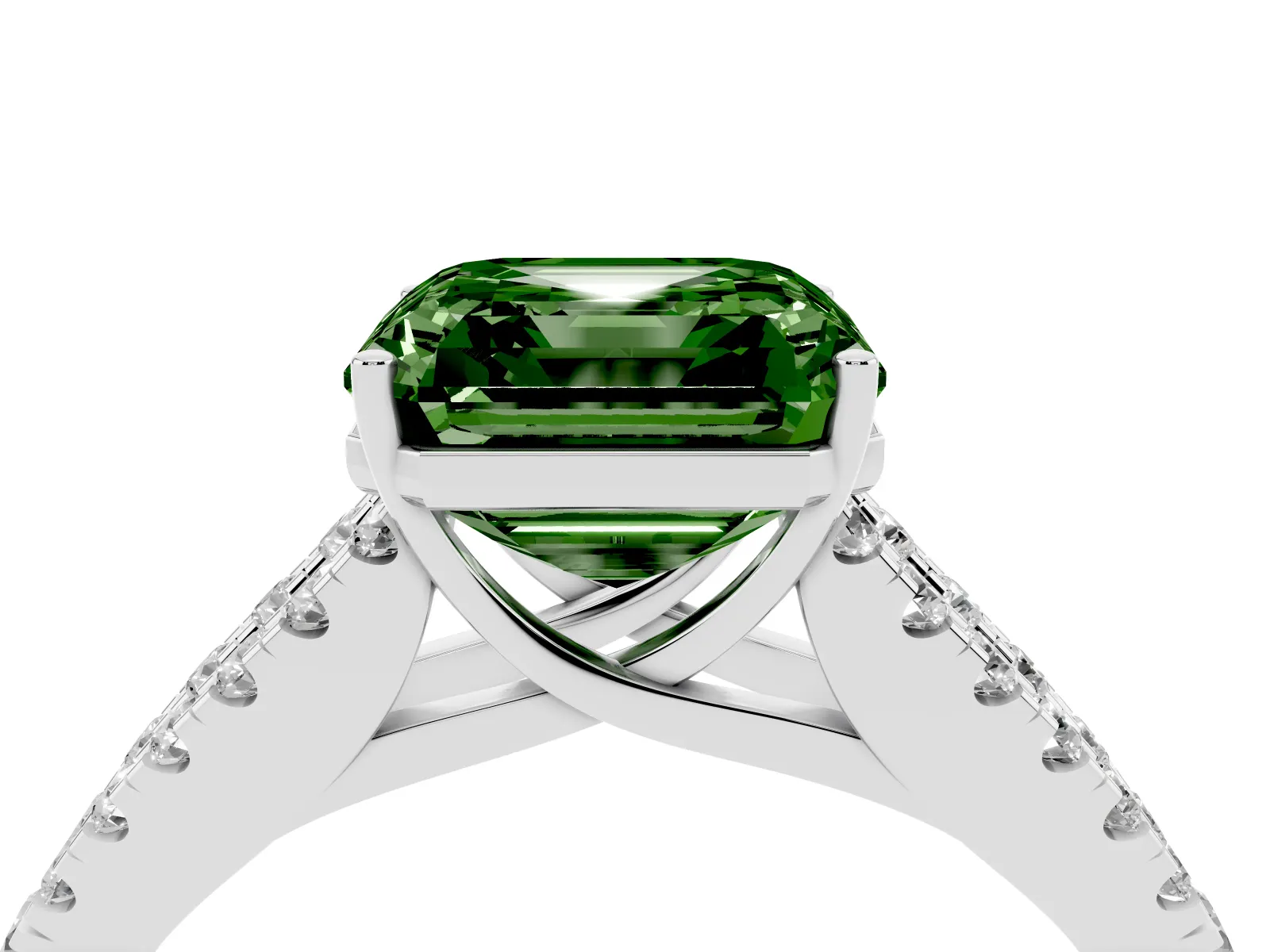 Fancy Green Asscher Cut Diamond Split Shank Engagement Ring with Round Pavé and Prong Setting White gold