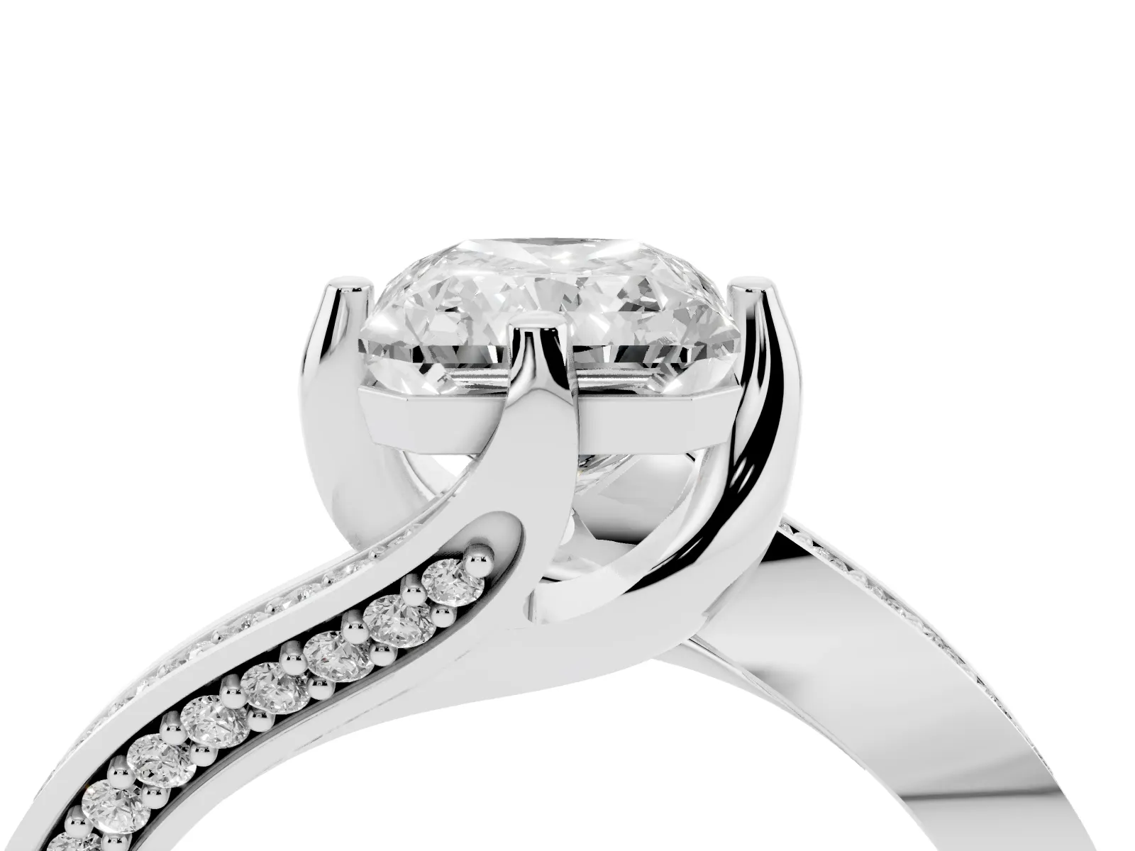 Radiant Cut Solitaire Diamond Twist Band with Pavé Setting and Four-Prong Setting Platinum
